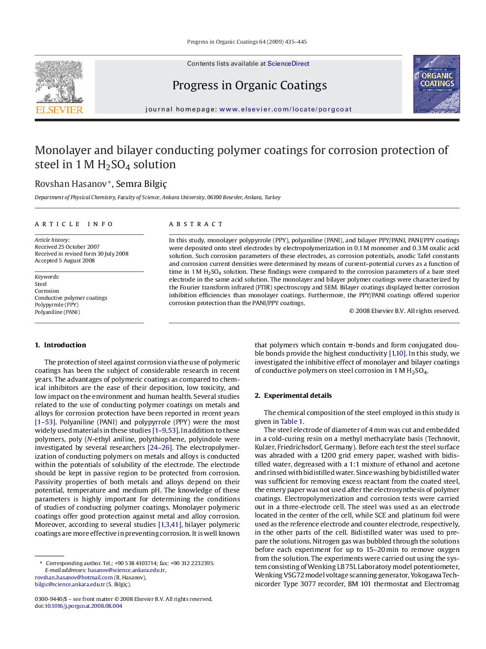 Monolayer and bilayer conducting polymer coatings for corrosion protection of steel in 1Â M H2SO4 solution