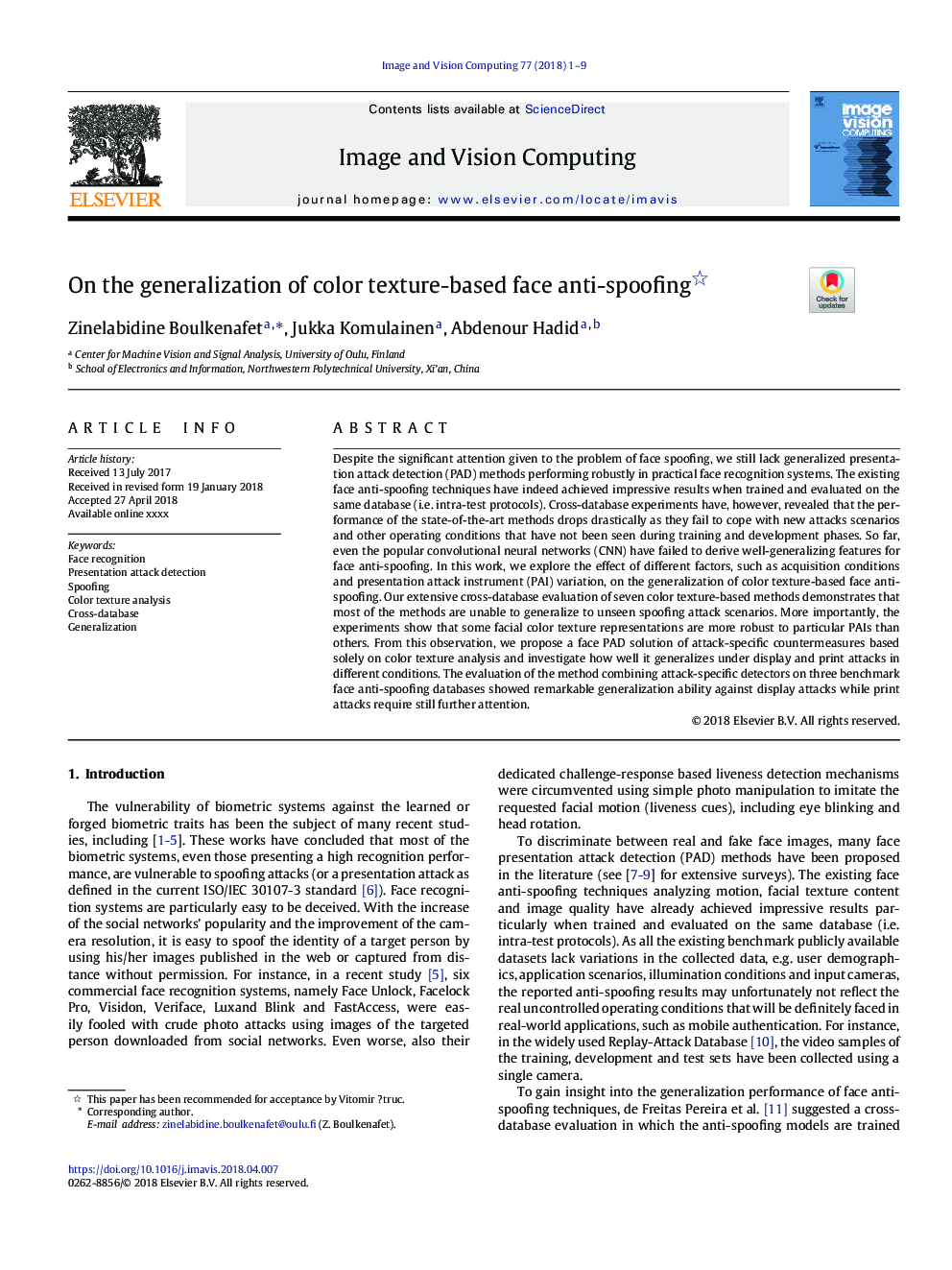 On the generalization of color texture-based face anti-spoofing