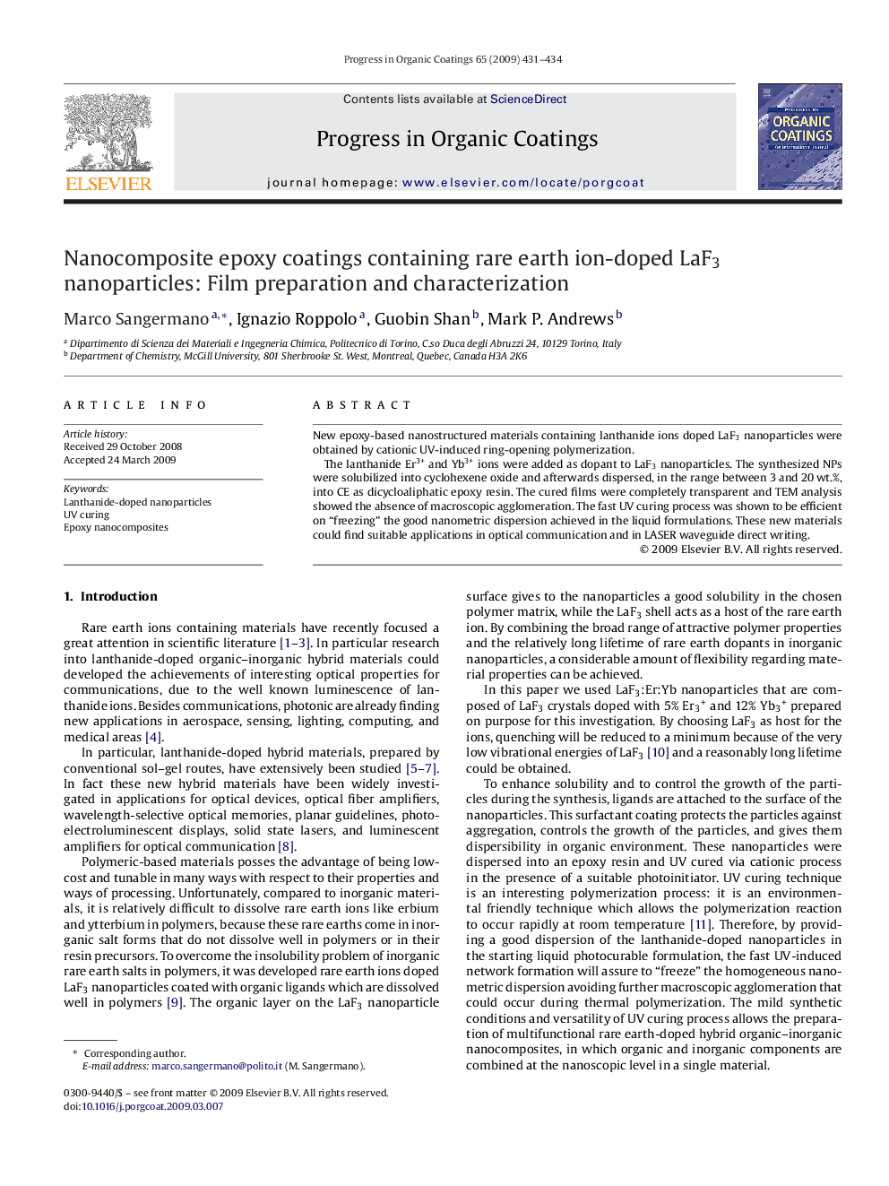 Nanocomposite epoxy coatings containing rare earth ion-doped LaF3 nanoparticles: Film preparation and characterization