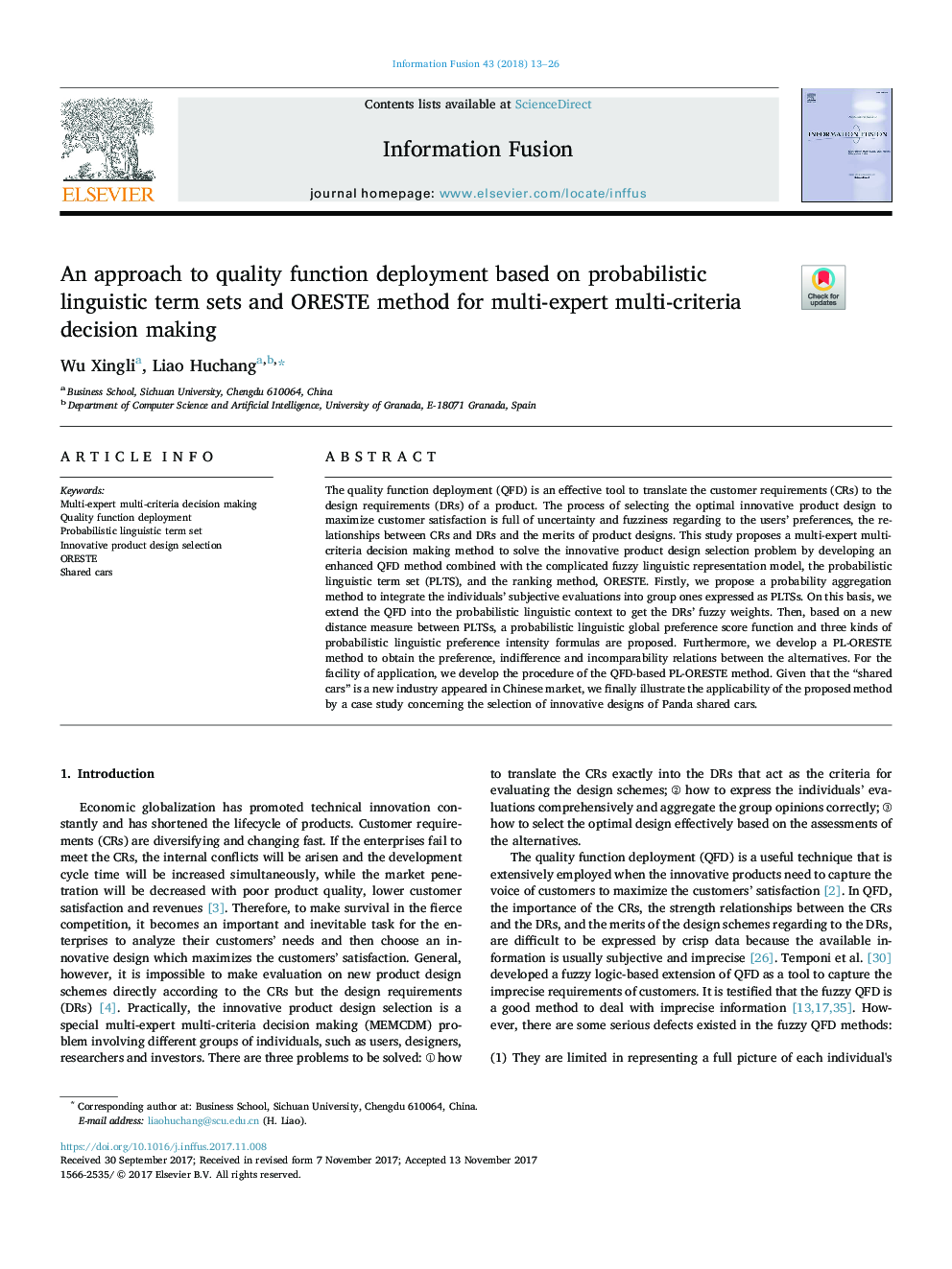 An approach to quality function deployment based on probabilistic linguistic term sets and ORESTE method for multi-expert multi-criteria decision making