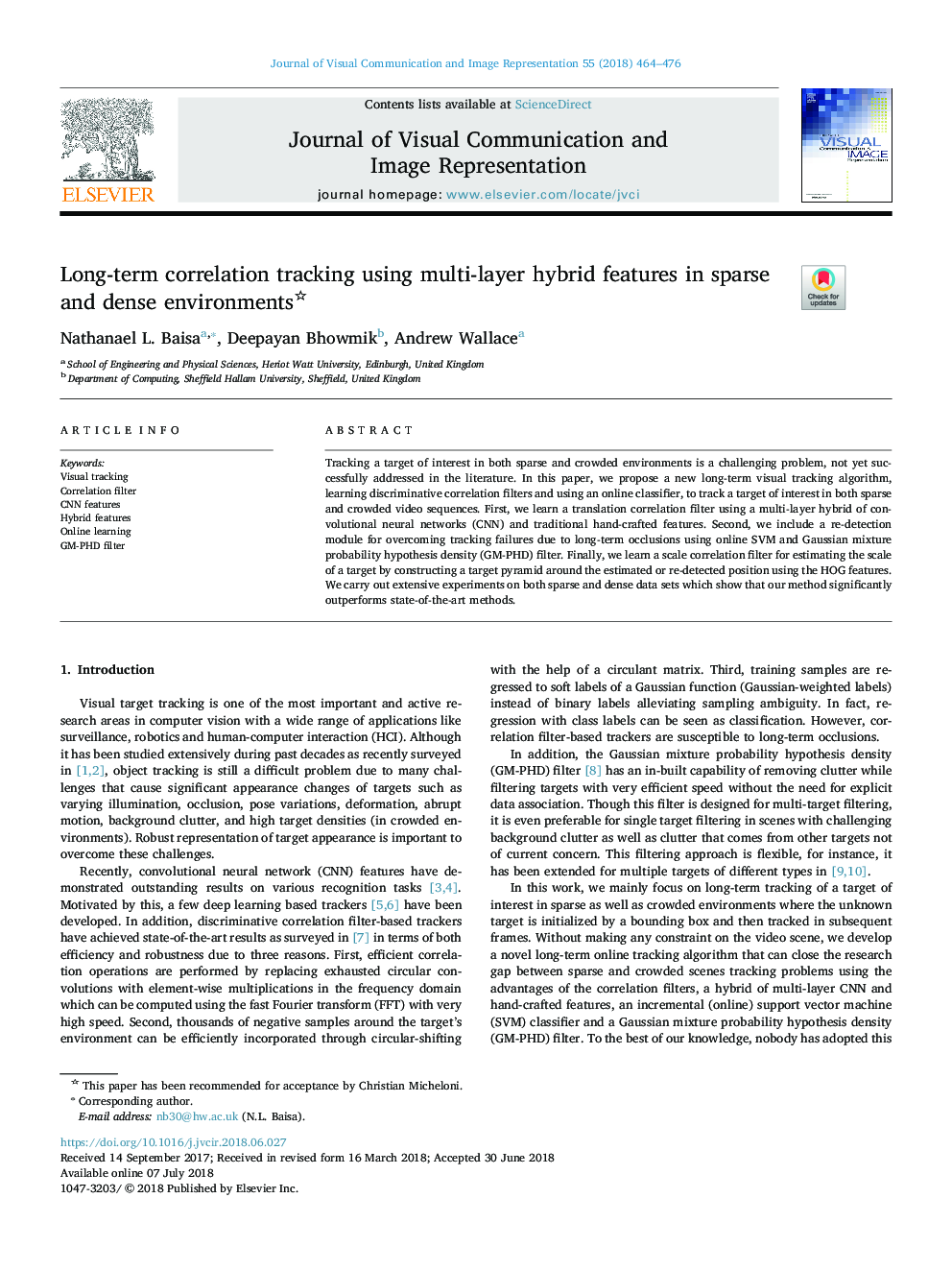 Long-term correlation tracking using multi-layer hybrid features in sparse and dense environments