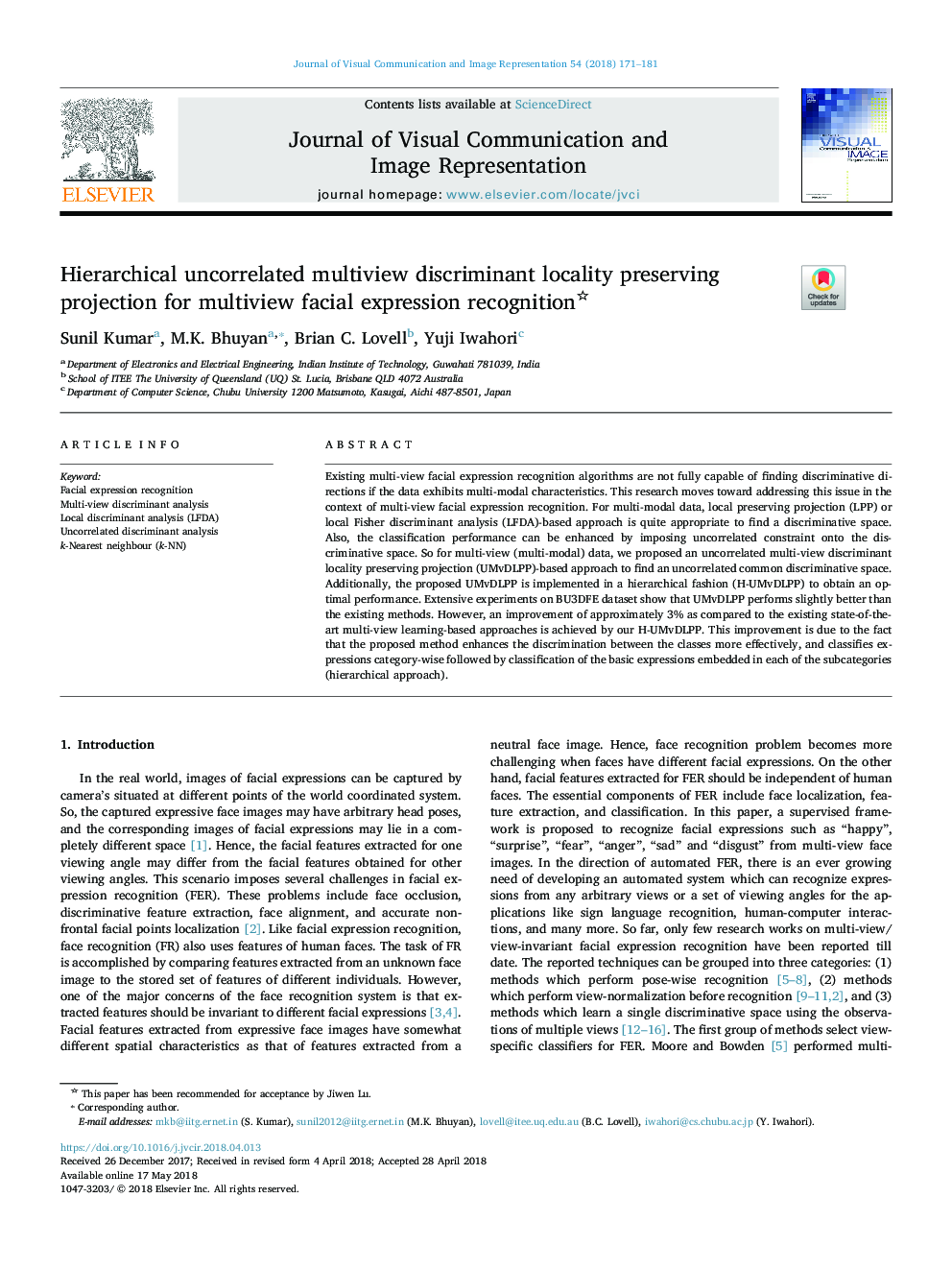 Hierarchical uncorrelated multiview discriminant locality preserving projection for multiview facial expression recognition