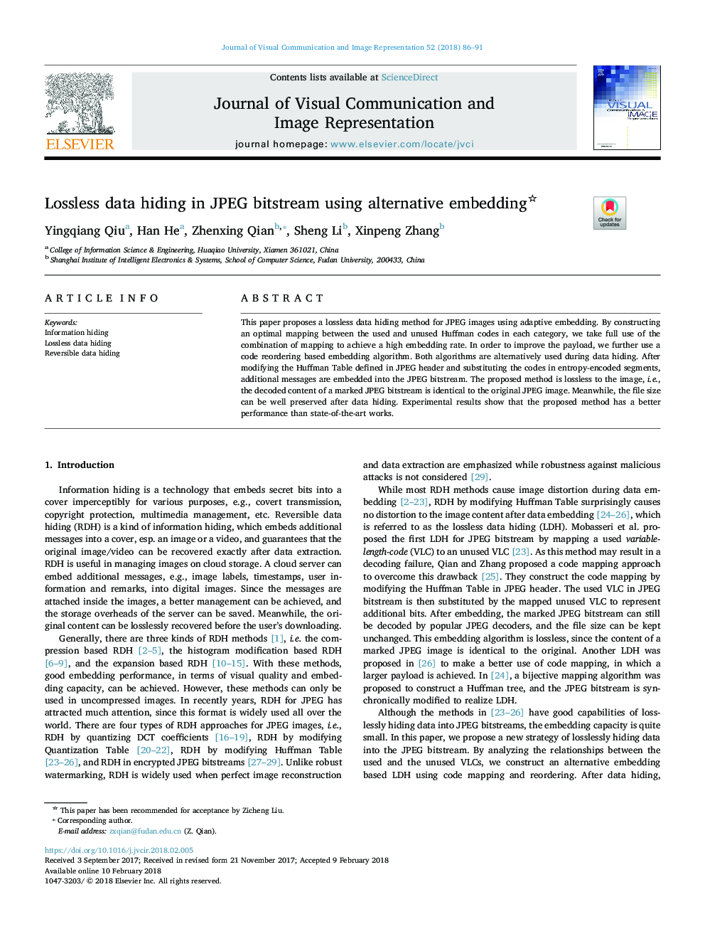 Lossless data hiding in JPEG bitstream using alternative embedding