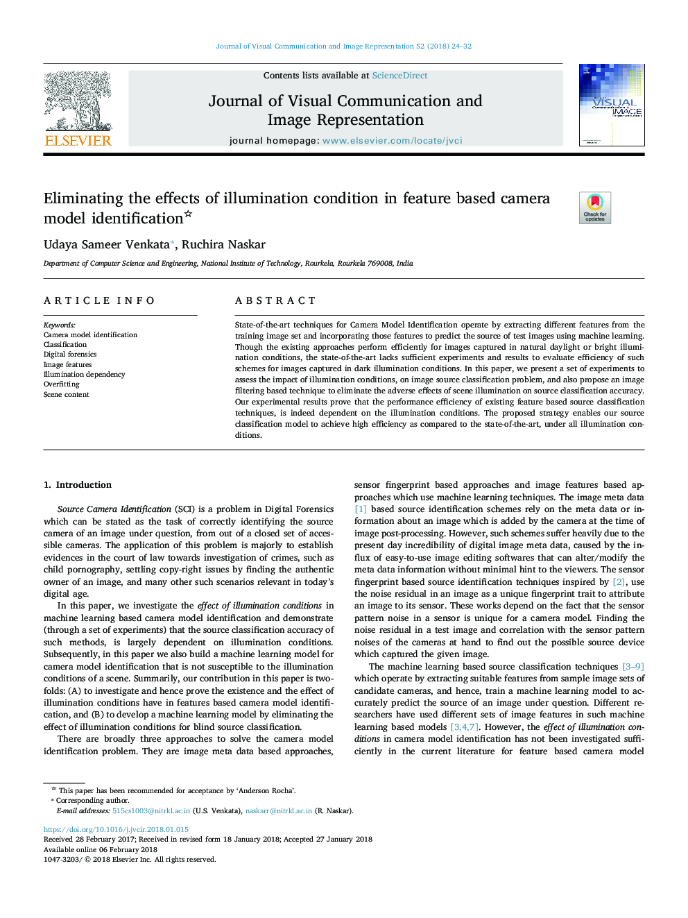 Eliminating the effects of illumination condition in feature based camera model identification