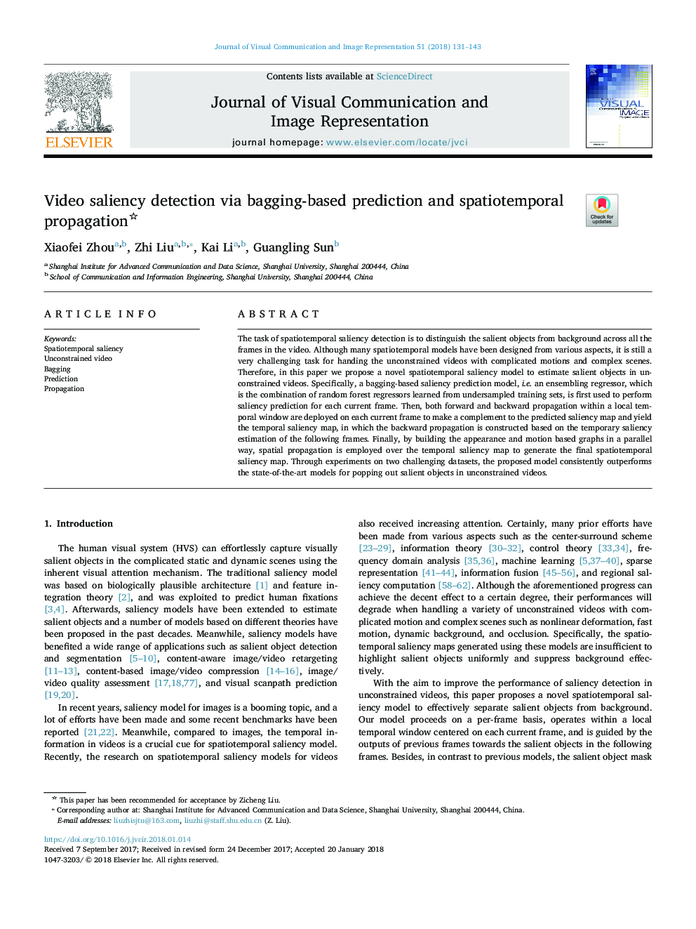 Video saliency detection via bagging-based prediction and spatiotemporal propagation