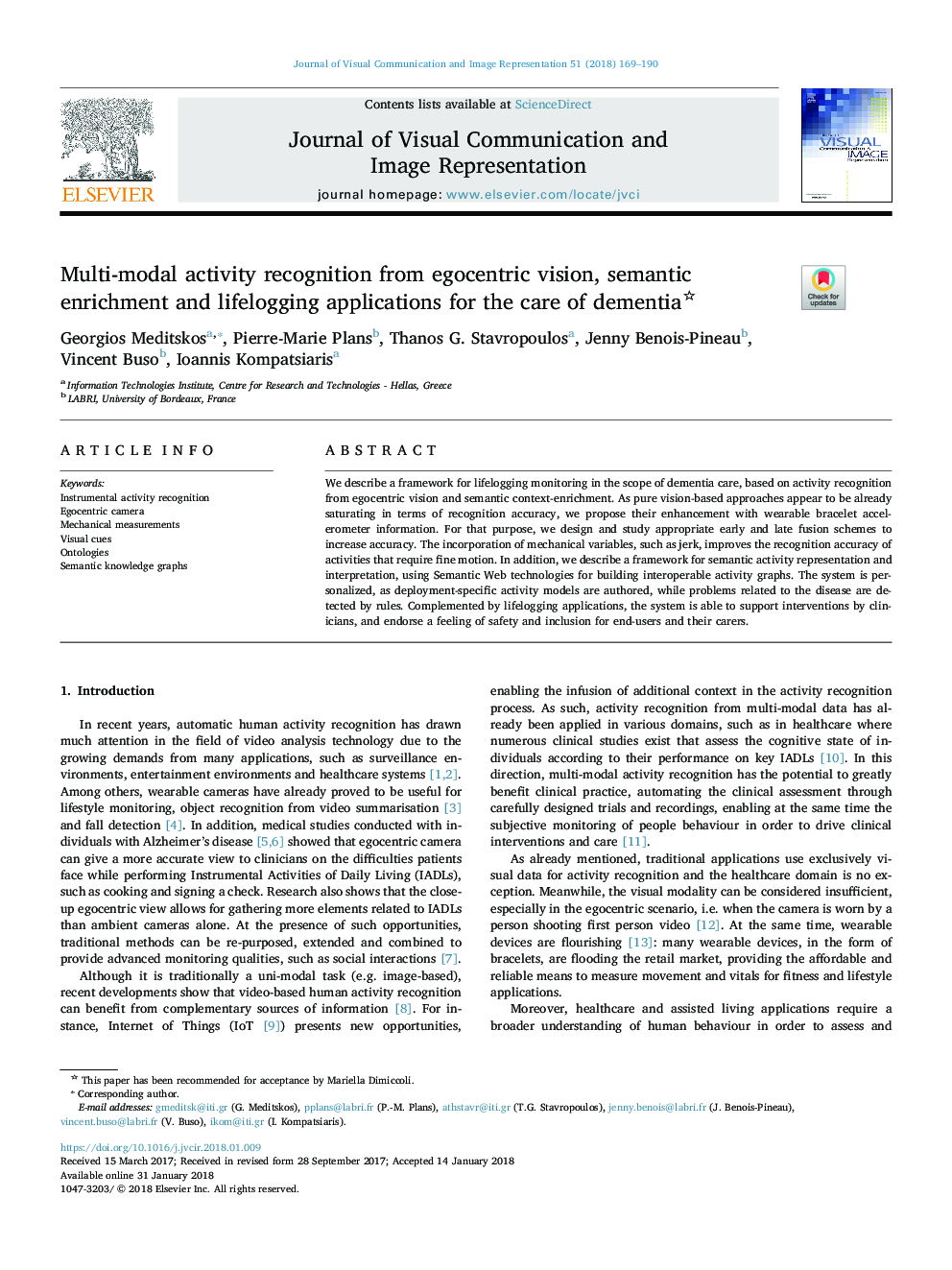 Multi-modal activity recognition from egocentric vision, semantic enrichment and lifelogging applications for the care of dementia