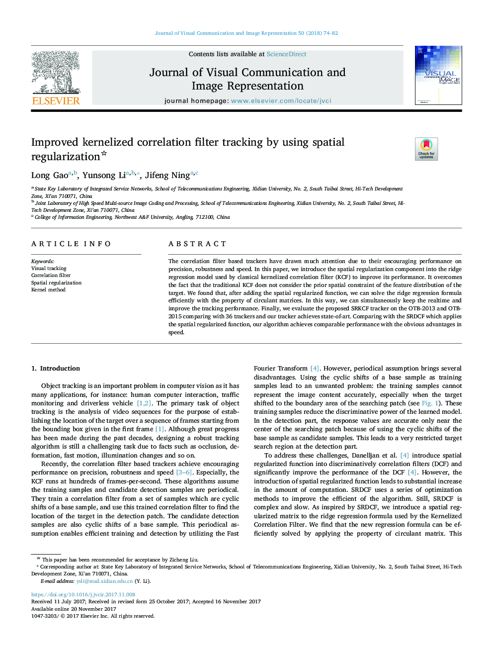 Improved kernelized correlation filter tracking by using spatial regularization