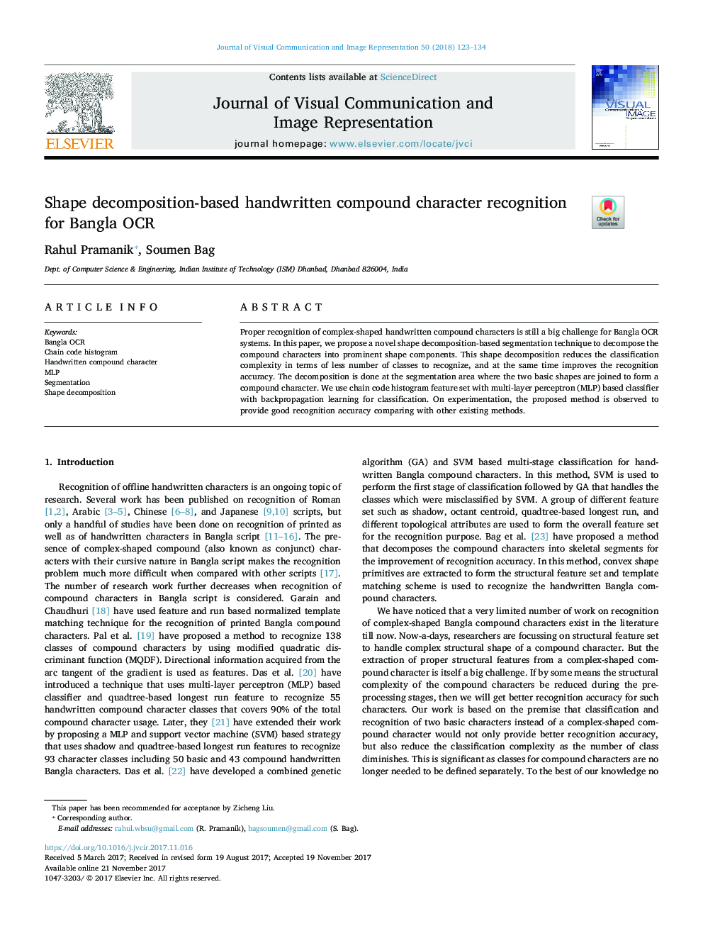 Shape decomposition-based handwritten compound character recognition for Bangla OCR