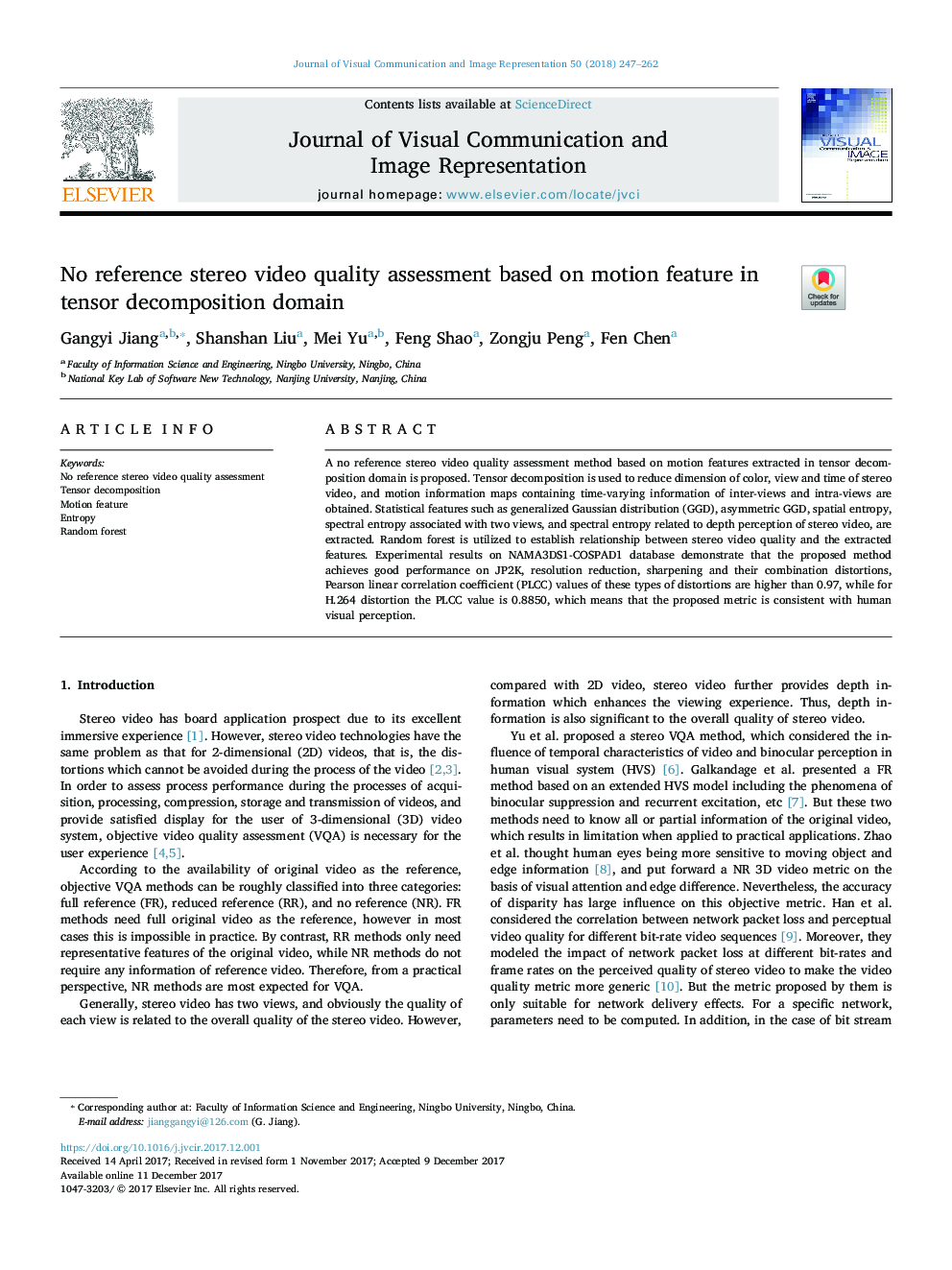 No reference stereo video quality assessment based on motion feature in tensor decomposition domain