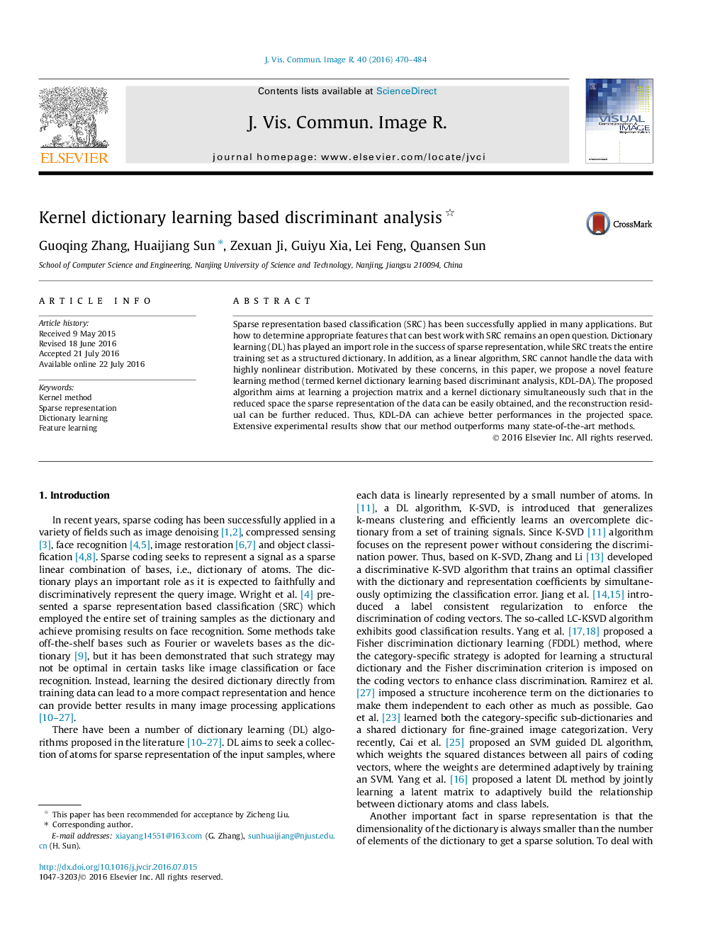 Kernel dictionary learning based discriminant analysis