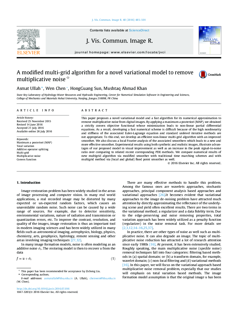 A modified multi-grid algorithm for a novel variational model to remove multiplicative noise