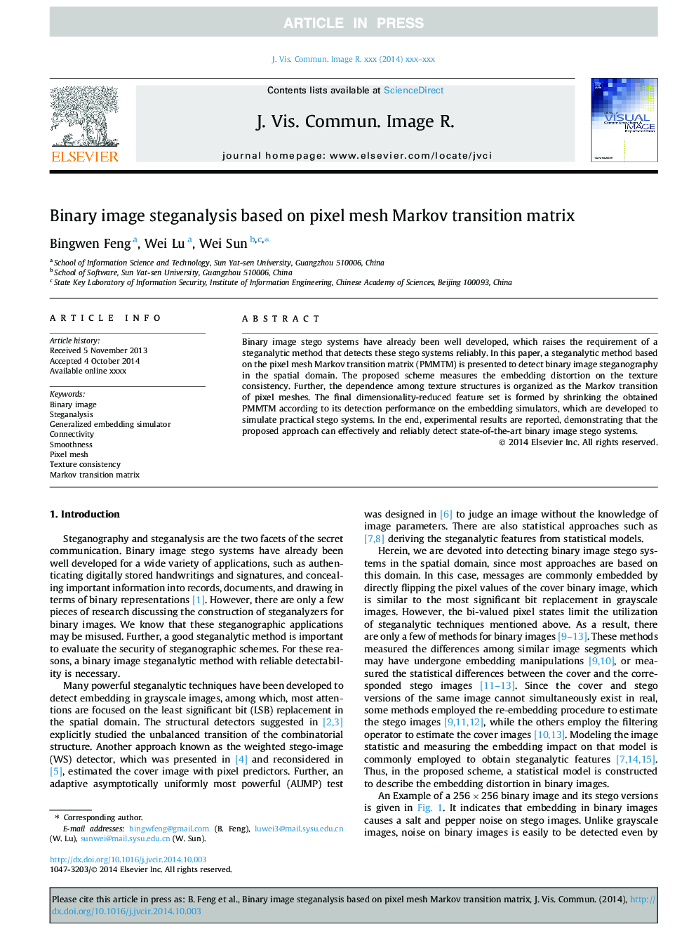 Binary image steganalysis based on pixel mesh Markov transition matrix