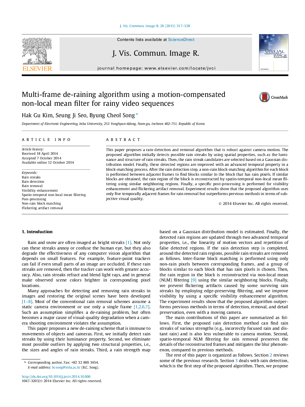 Multi-frame de-raining algorithm using a motion-compensated non-local mean filter for rainy video sequences