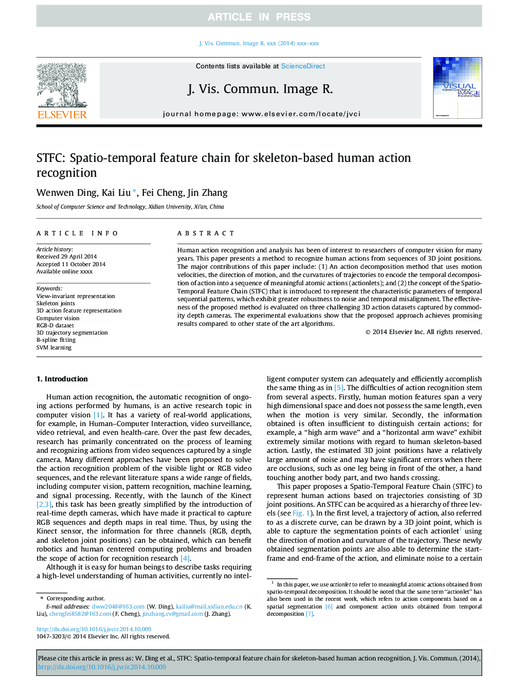 STFC: Spatio-temporal feature chain for skeleton-based human action recognition