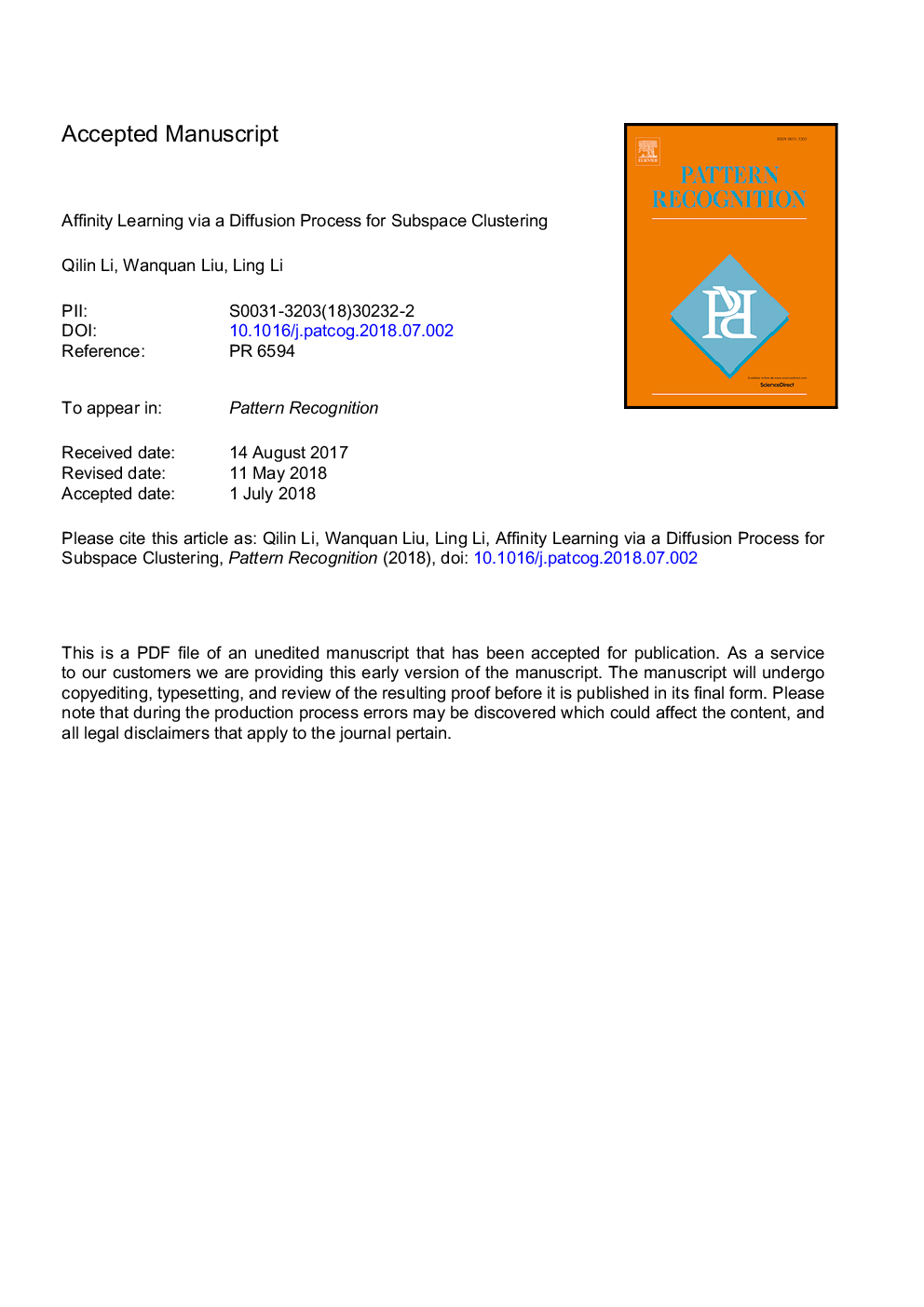 Affinity learning via a diffusion process for subspace clustering