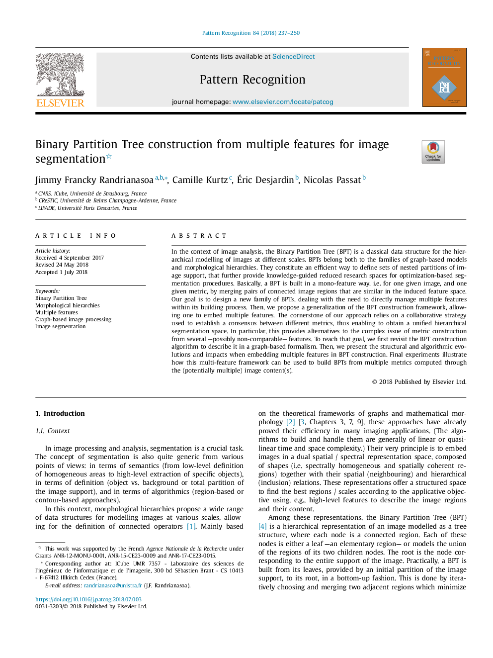 Binary Partition Tree construction from multiple features for image segmentation