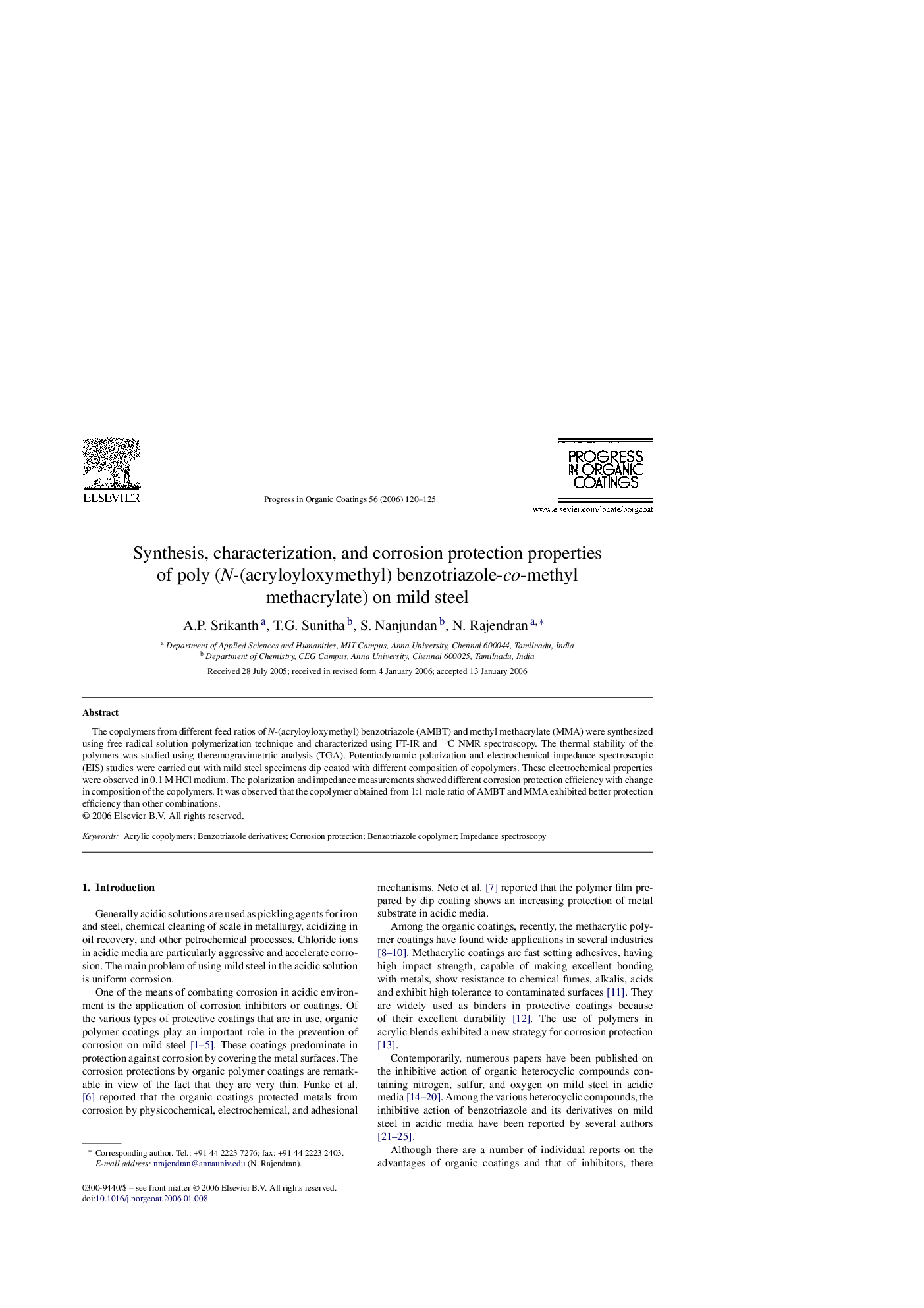 Synthesis, characterization, and corrosion protection properties of poly (N-(acryloyloxymethyl) benzotriazole-co-methyl methacrylate) on mild steel