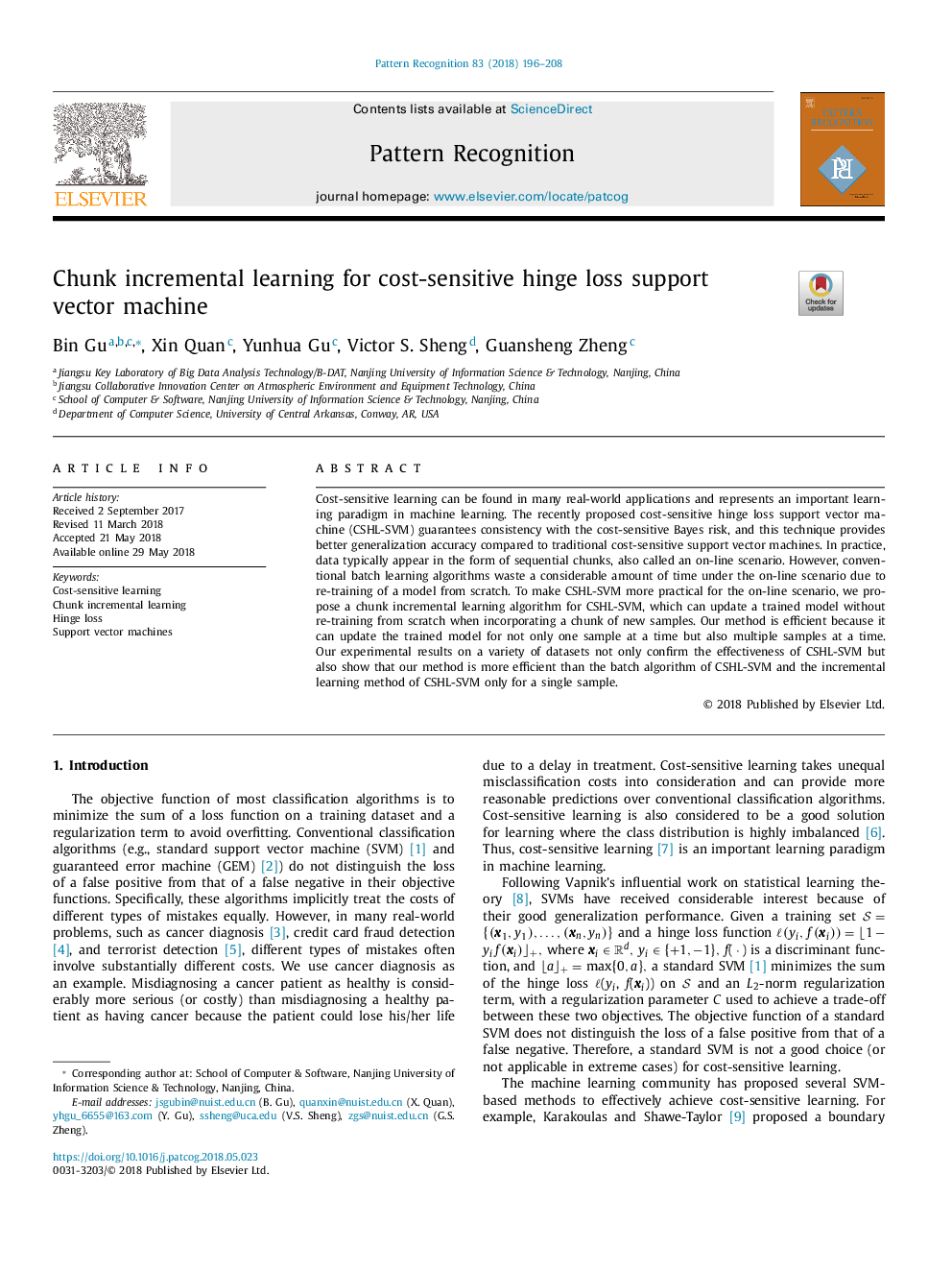 Chunk incremental learning for cost-sensitive hinge loss support vector machine