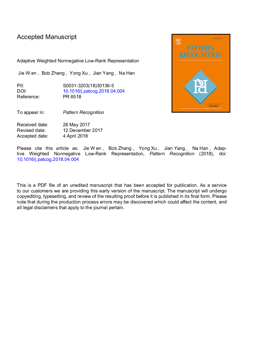 Adaptive weighted nonnegative low-rank representation