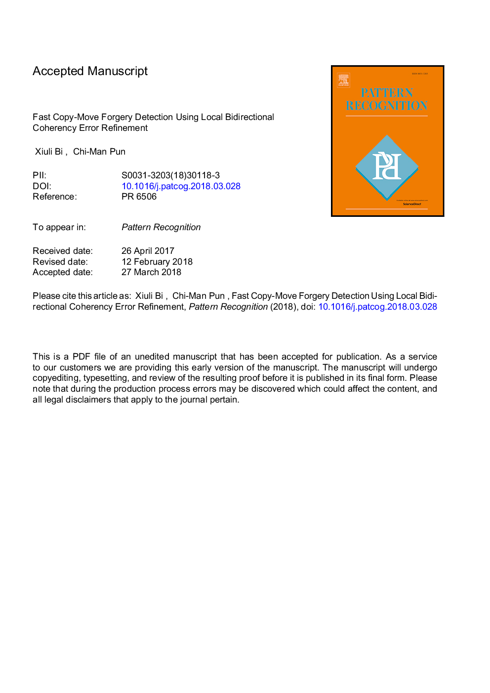 Fast copy-move forgery detection using local bidirectional coherency error refinement