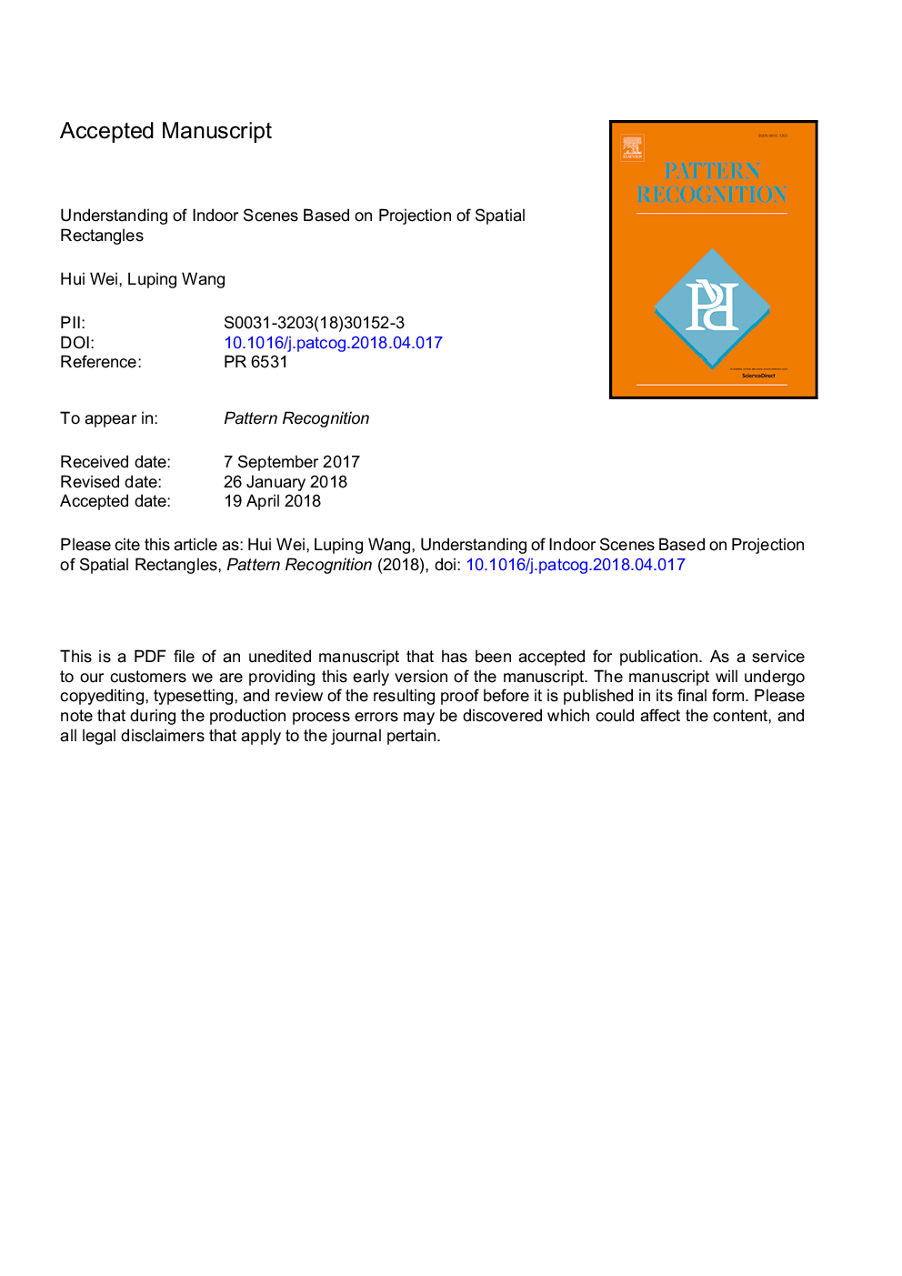 Understanding of indoor scenes based on projection of spatial rectangles