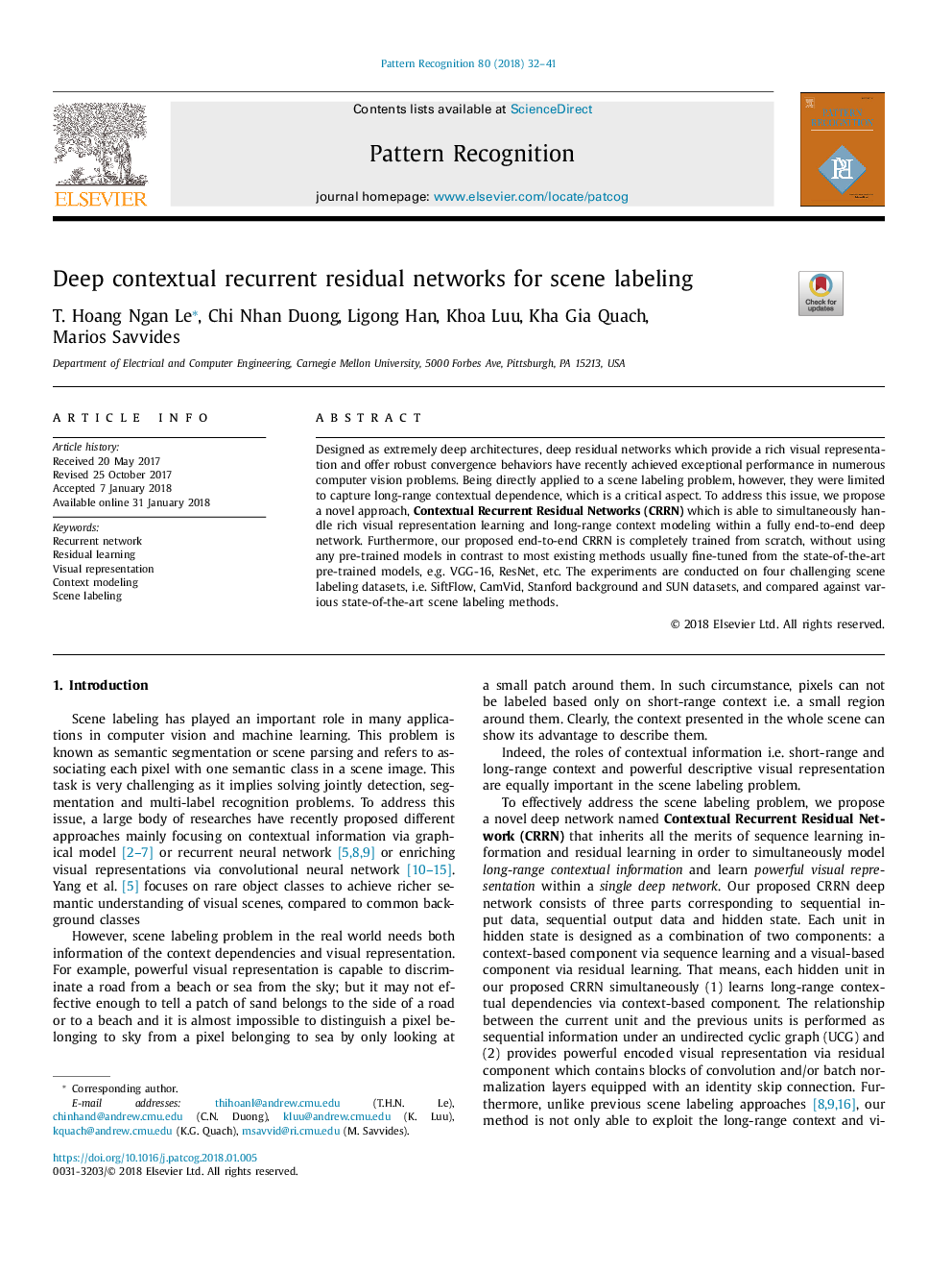 Deep contextual recurrent residual networks for scene labeling