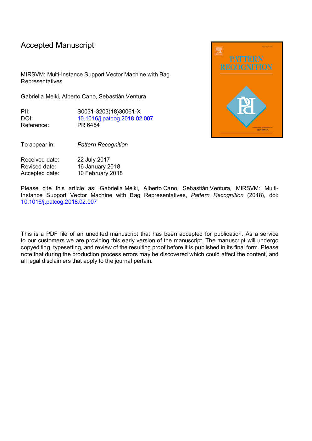 MIRSVM: Multi-instance support vector machine with bag representatives