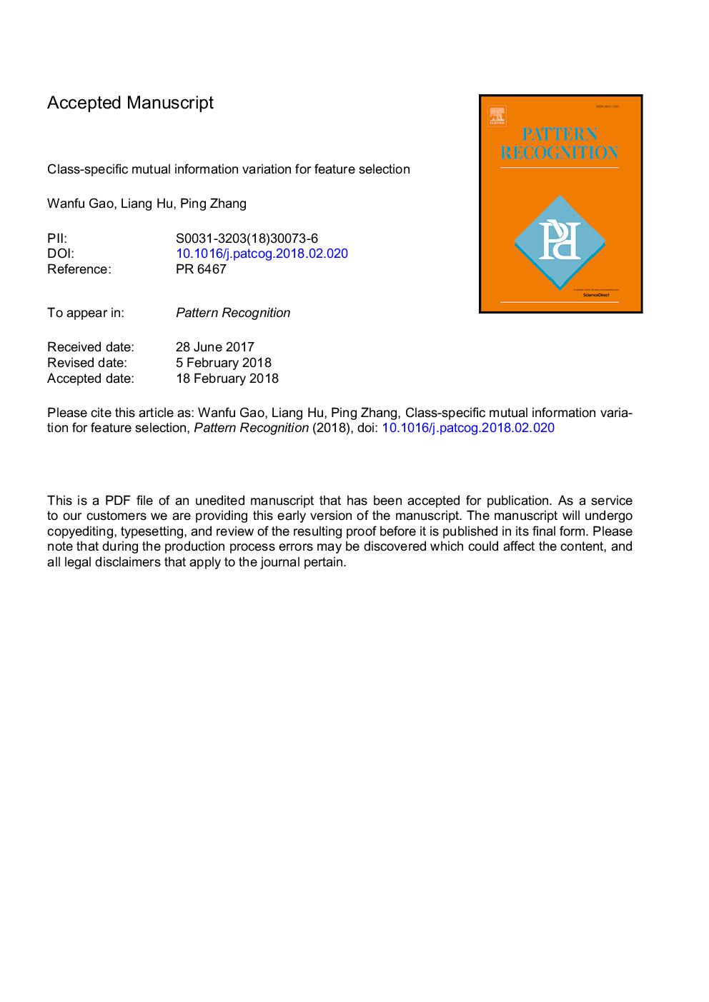 Class-specific mutual information variation for feature selection