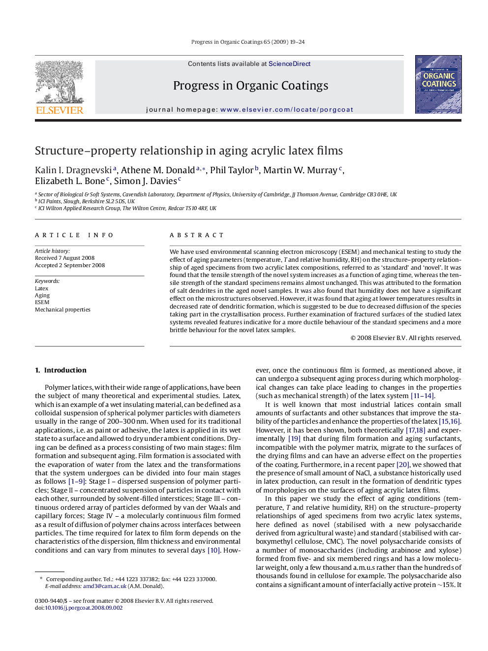 Structure–property relationship in aging acrylic latex films