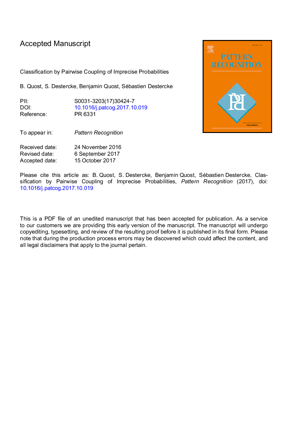 Classification by pairwise coupling of imprecise probabilities