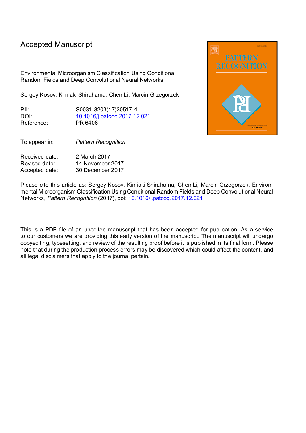 Environmental microorganism classification using conditional random fields and deep convolutional neural networks