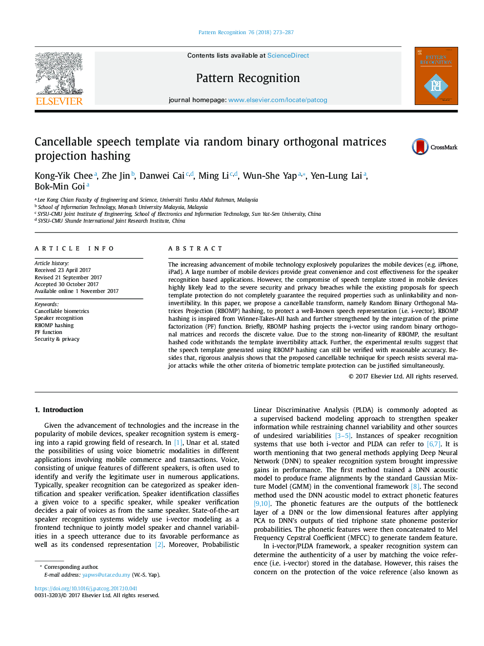 Cancellable speech template via random binary orthogonal matrices projection hashing