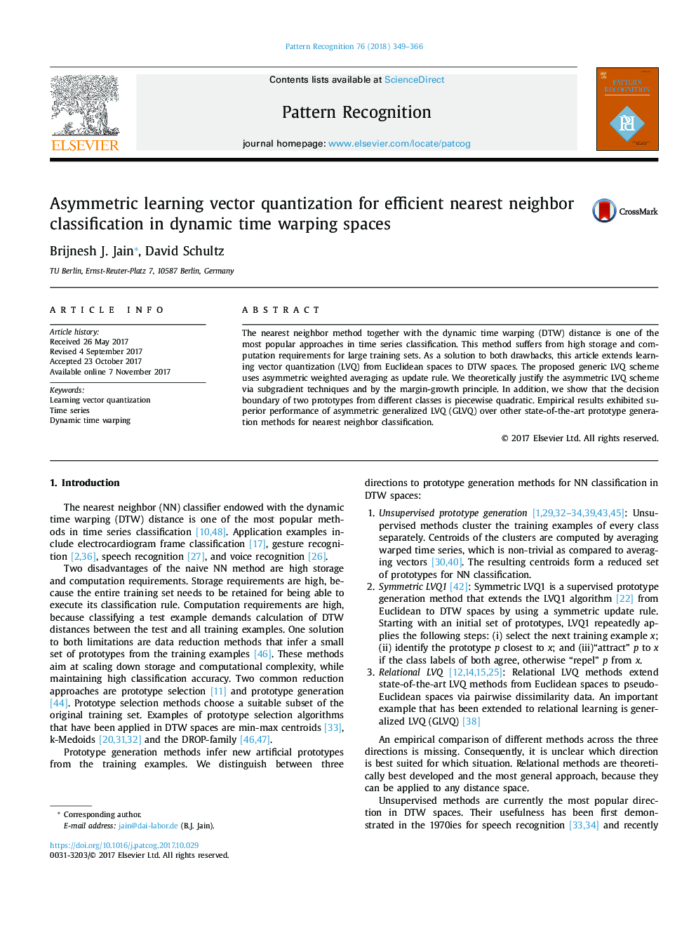 Asymmetric learning vector quantization for efficient nearest neighbor classification in dynamic time warping spaces