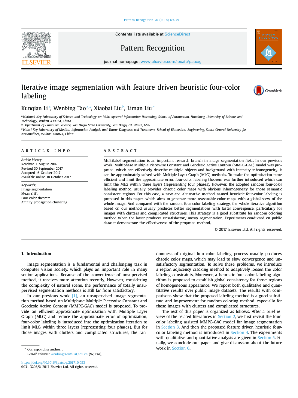 Iterative image segmentation with feature driven heuristic four-color labeling