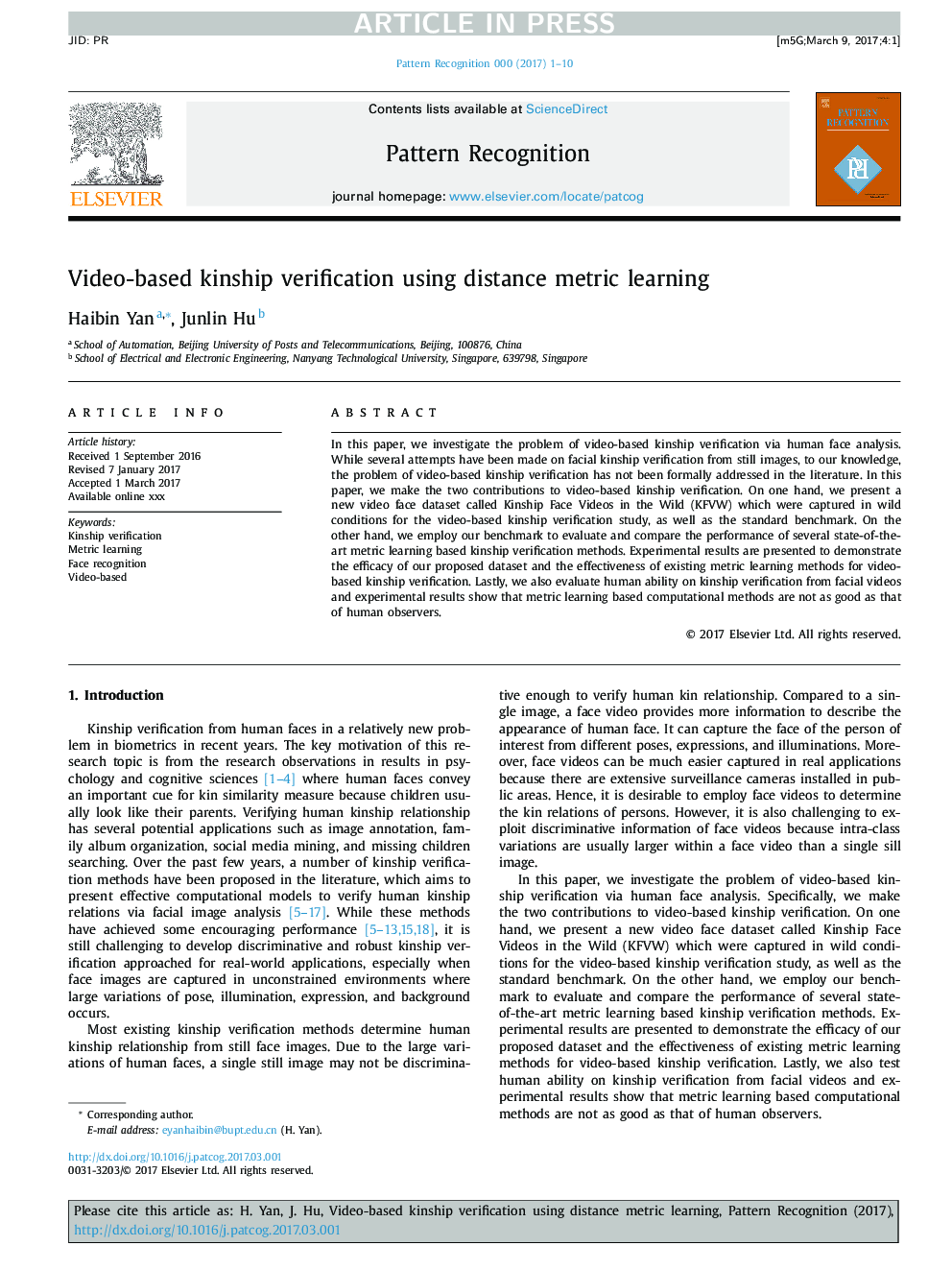 Video-based kinship verification using distance metric learning