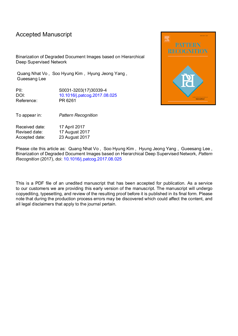 Binarization of degraded document images based on hierarchical deep supervised network