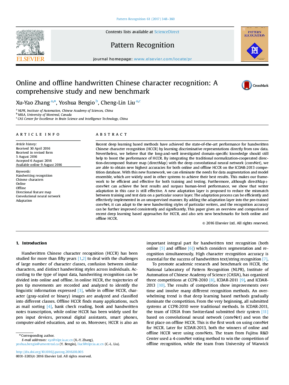 Online and offline handwritten Chinese character recognition: A comprehensive study and new benchmark