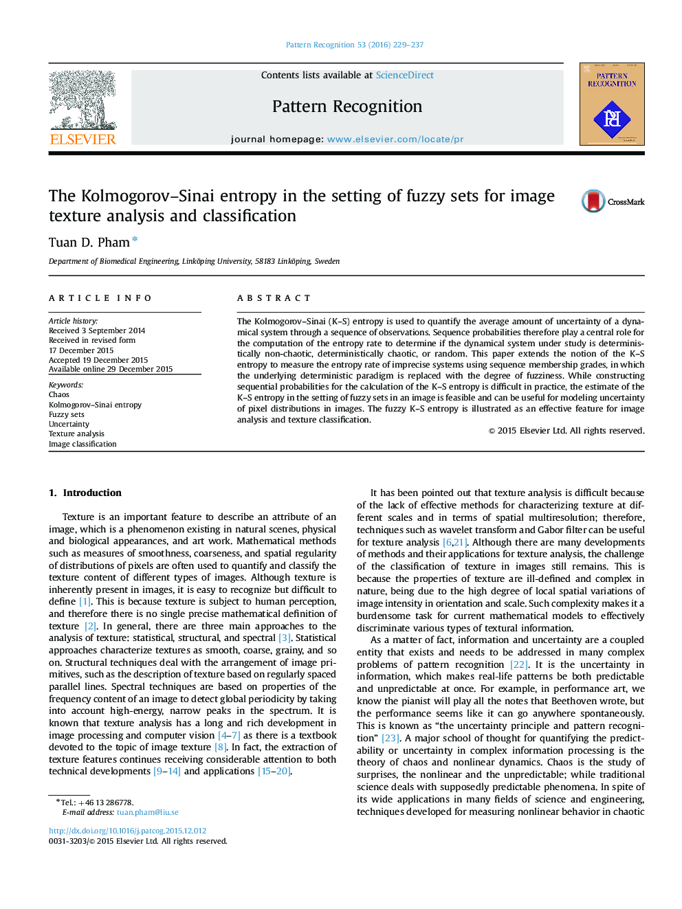 The Kolmogorov-Sinai entropy in the setting of fuzzy sets for image texture analysis and classification