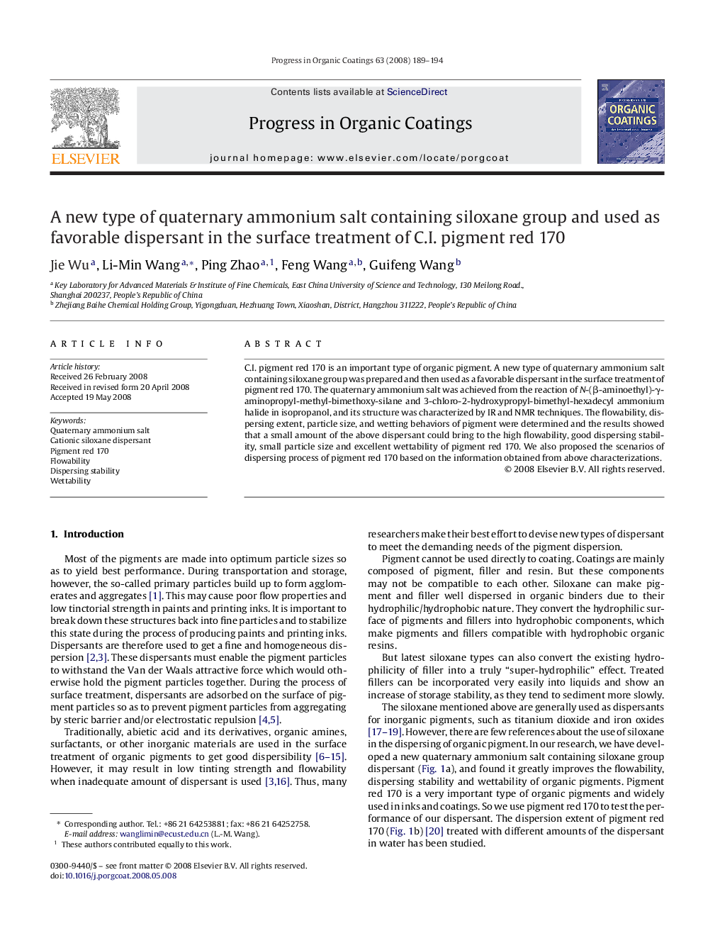 A new type of quaternary ammonium salt containing siloxane group and used as favorable dispersant in the surface treatment of C.I. pigment red 170