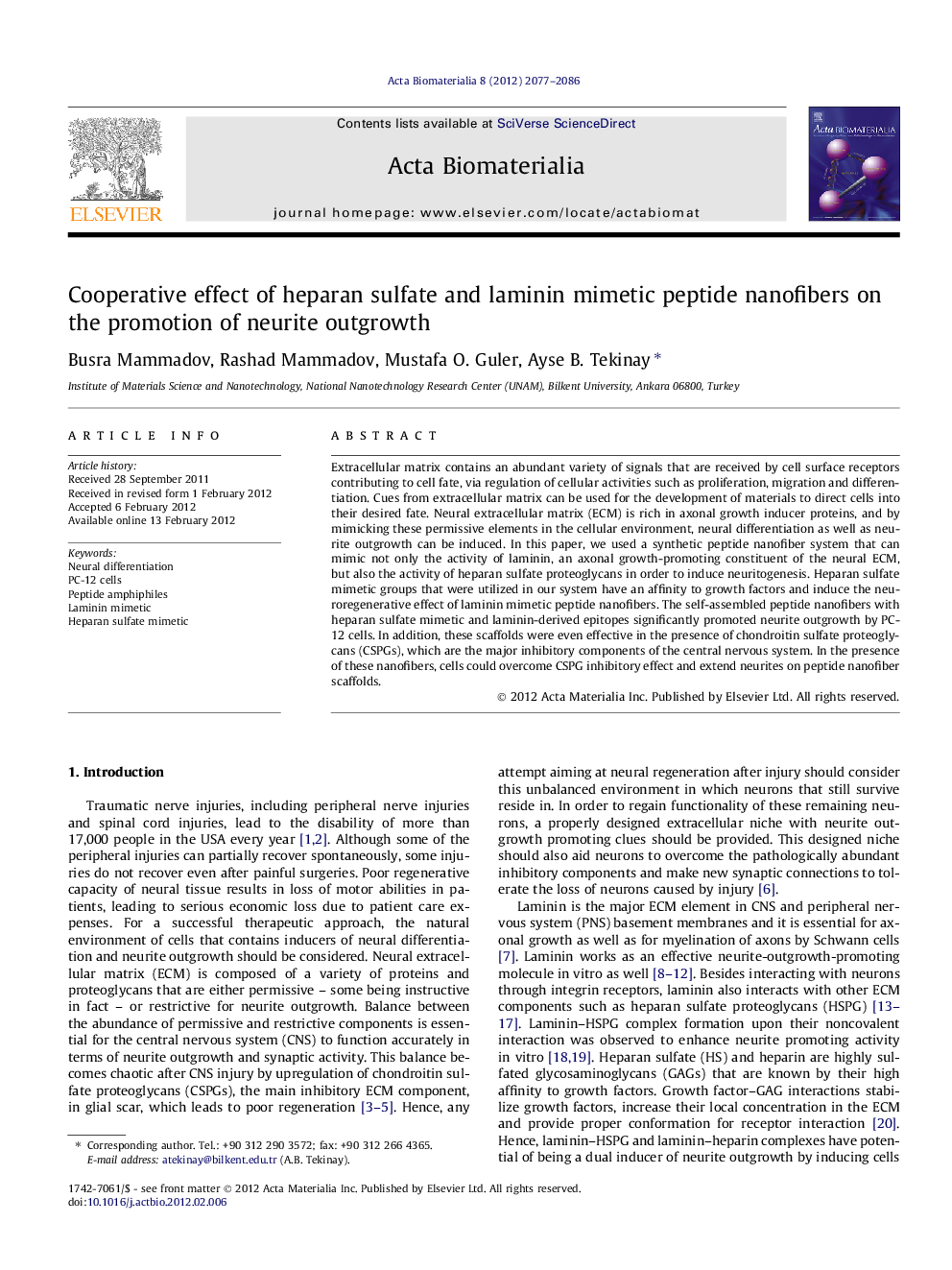 Cooperative effect of heparan sulfate and laminin mimetic peptide nanofibers on the promotion of neurite outgrowth