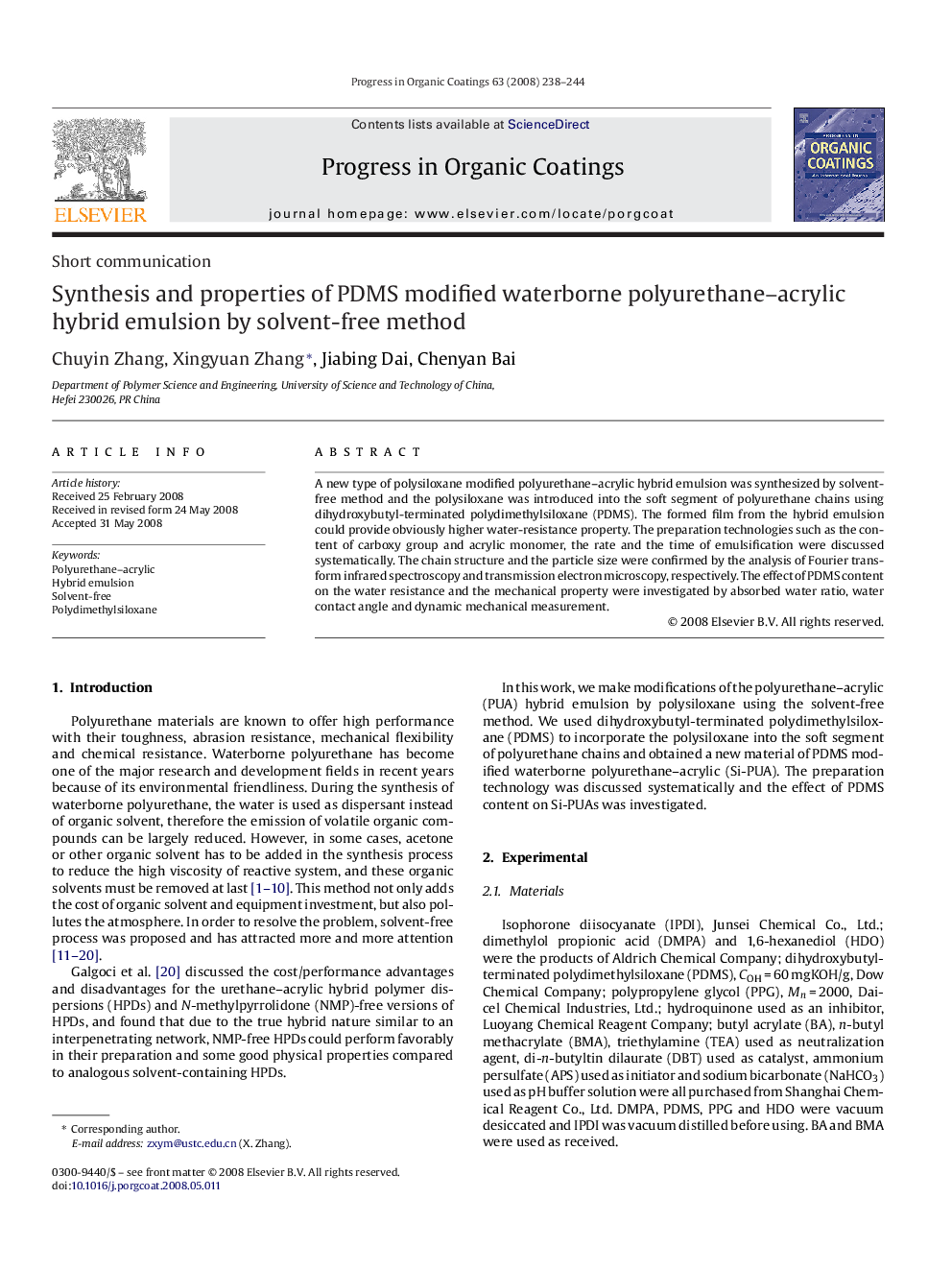 Synthesis and properties of PDMS modified waterborne polyurethane–acrylic hybrid emulsion by solvent-free method