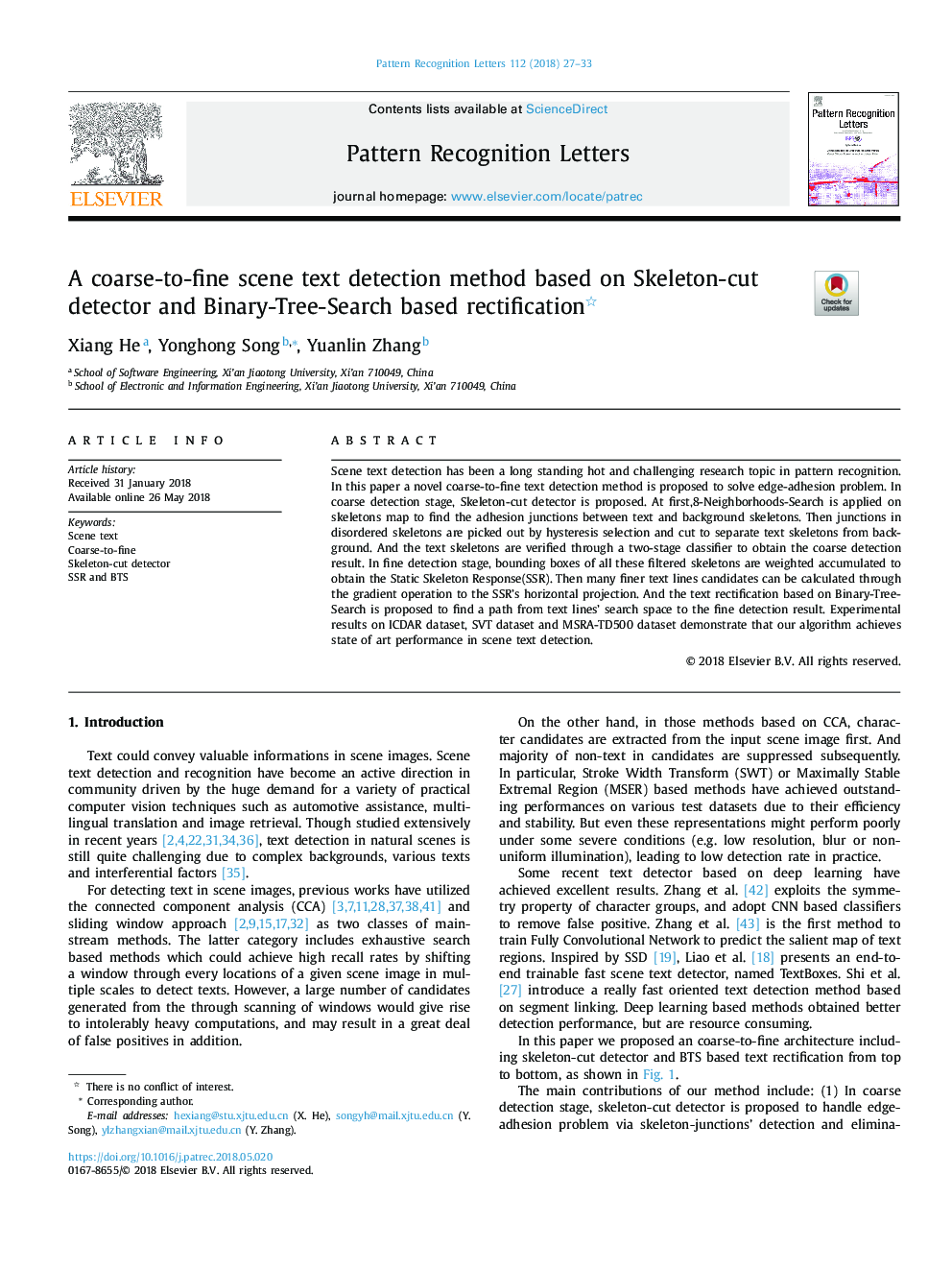 A coarse-to-fine scene text detection method based on Skeleton-cut detector and Binary-Tree-Search based rectification