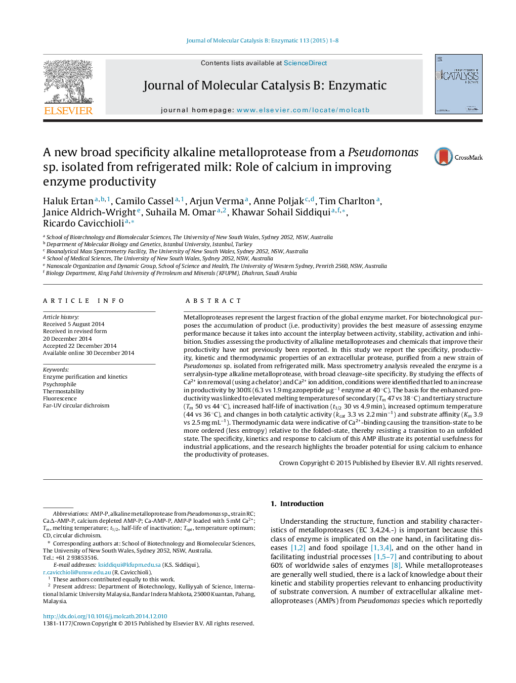 A new broad specificity alkaline metalloprotease from a Pseudomonas sp. isolated from refrigerated milk: Role of calcium in improving enzyme productivity