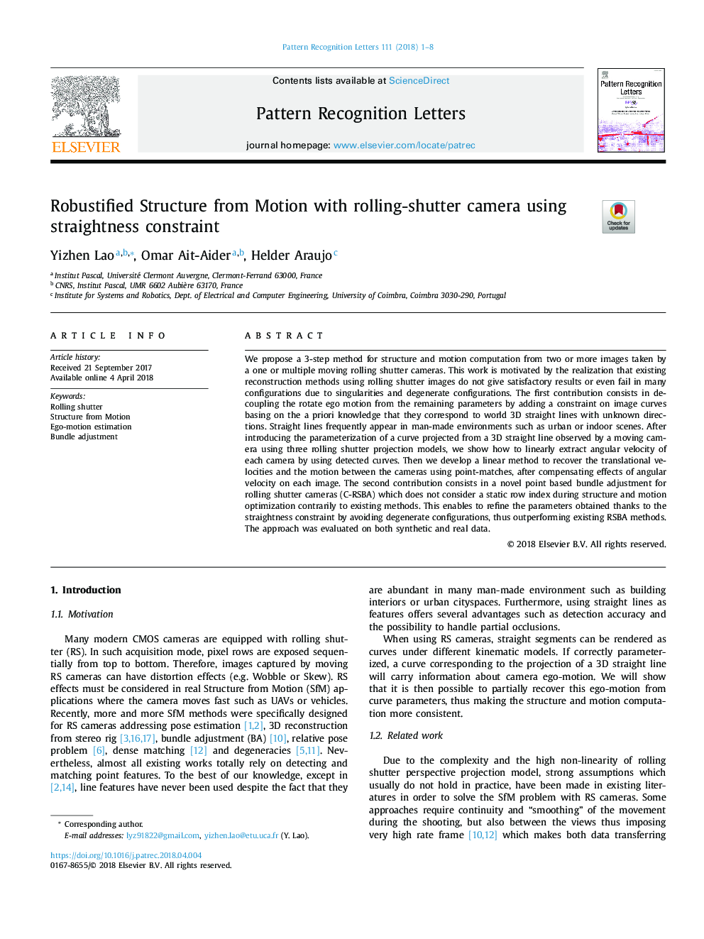 Robustified Structure from Motion with rolling-shutter camera using straightness constraint