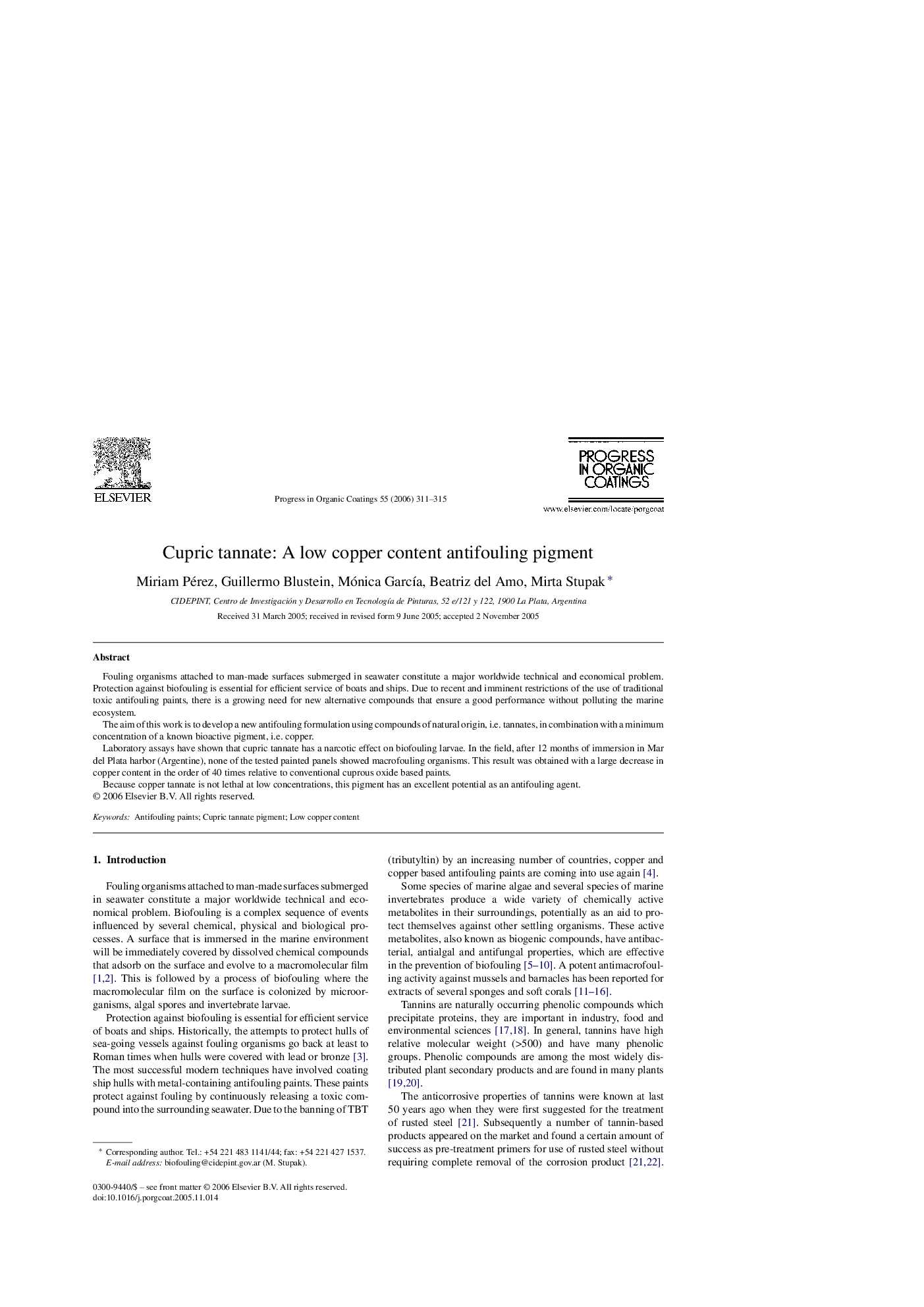 Cupric tannate: A low copper content antifouling pigment