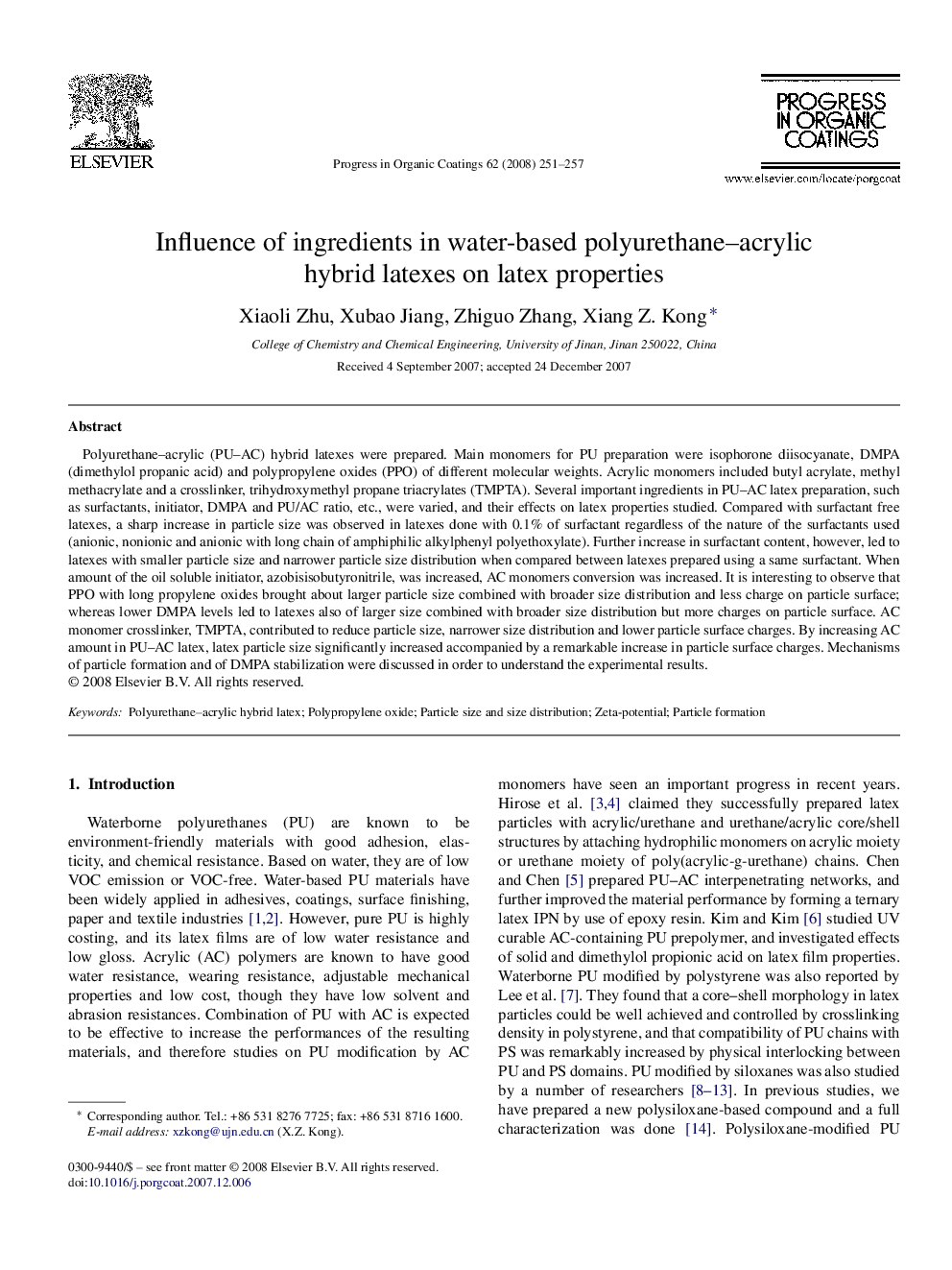 Influence of ingredients in water-based polyurethane–acrylic hybrid latexes on latex properties