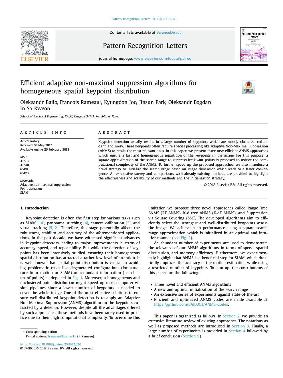 Efficient adaptive non-maximal suppression algorithms for homogeneous spatial keypoint distribution