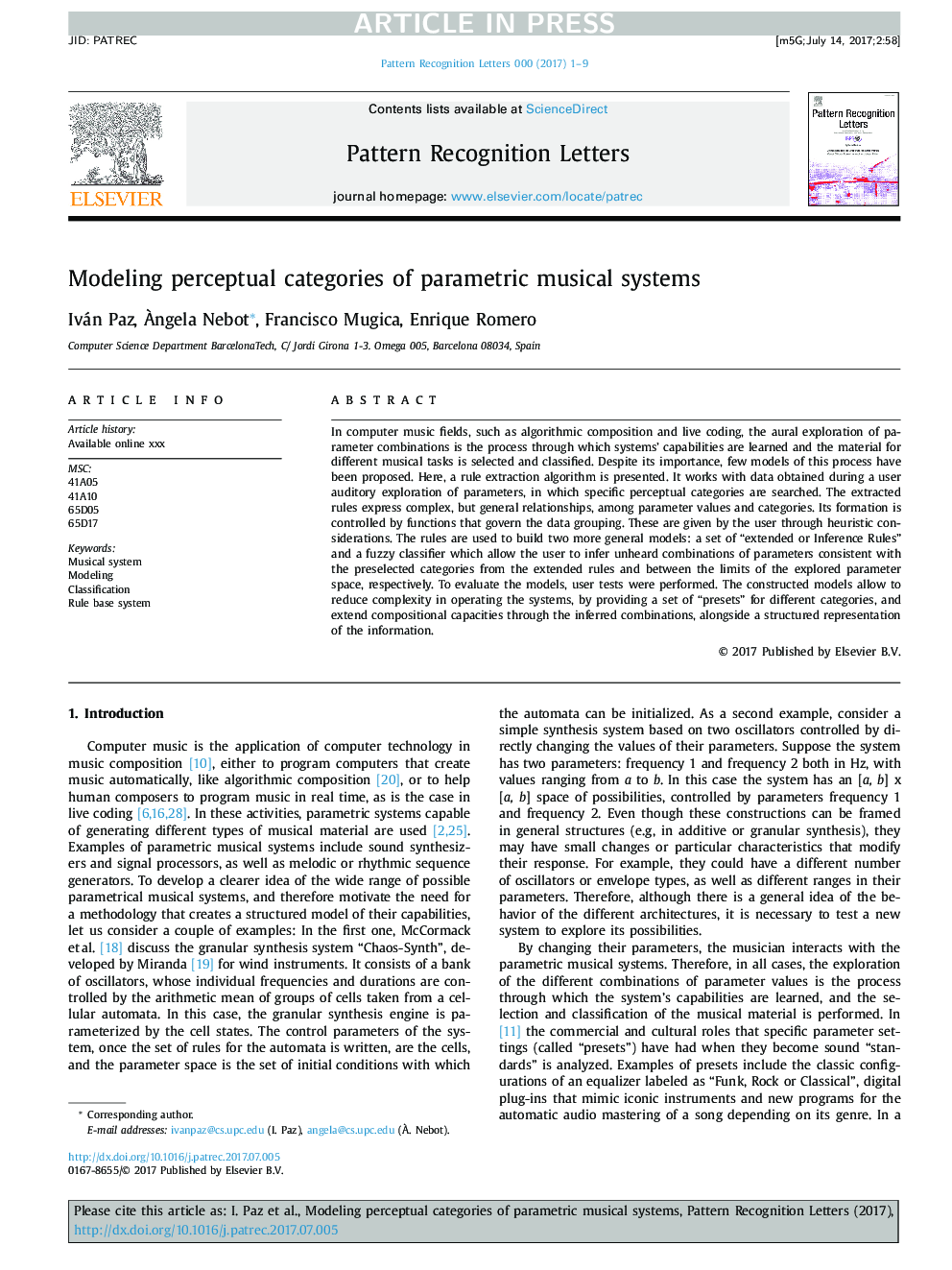 Modeling perceptual categories of parametric musical systems