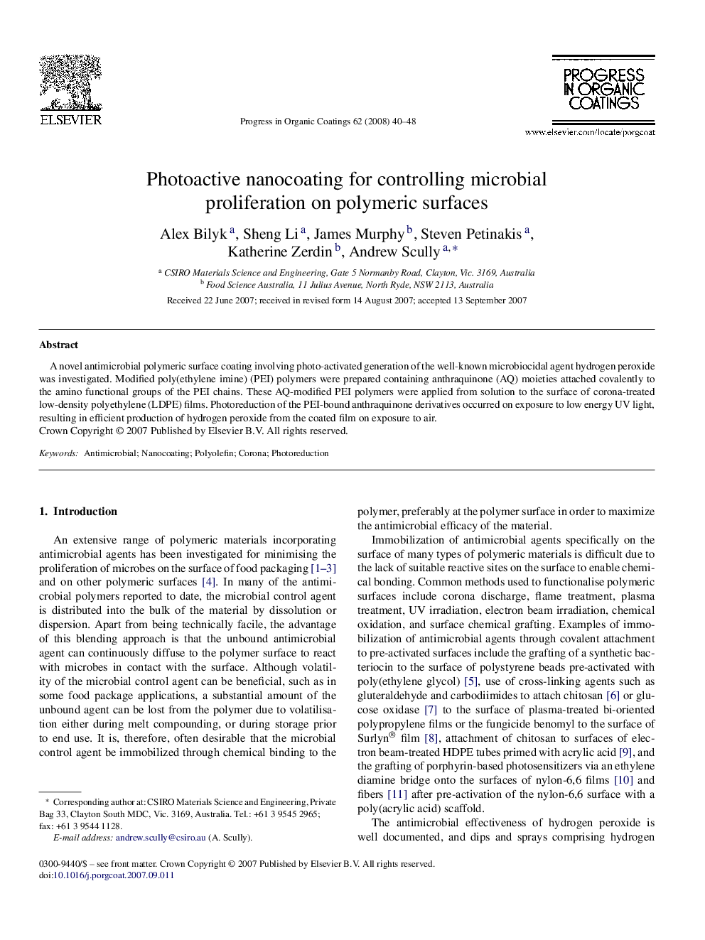 Photoactive nanocoating for controlling microbial proliferation on polymeric surfaces