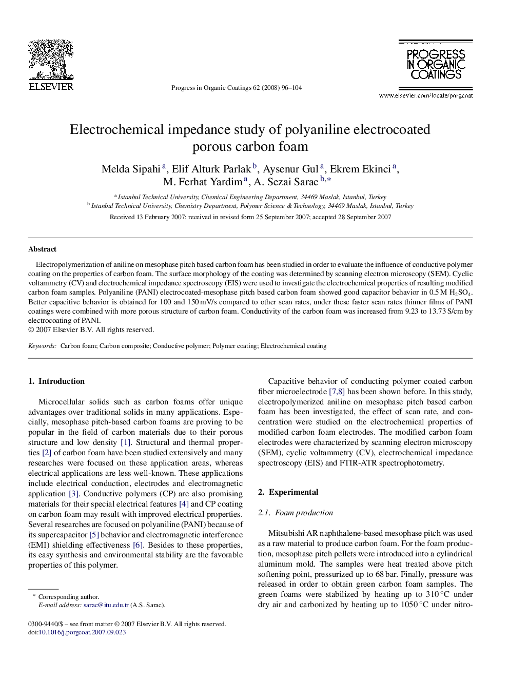 Electrochemical impedance study of polyaniline electrocoated porous carbon foam